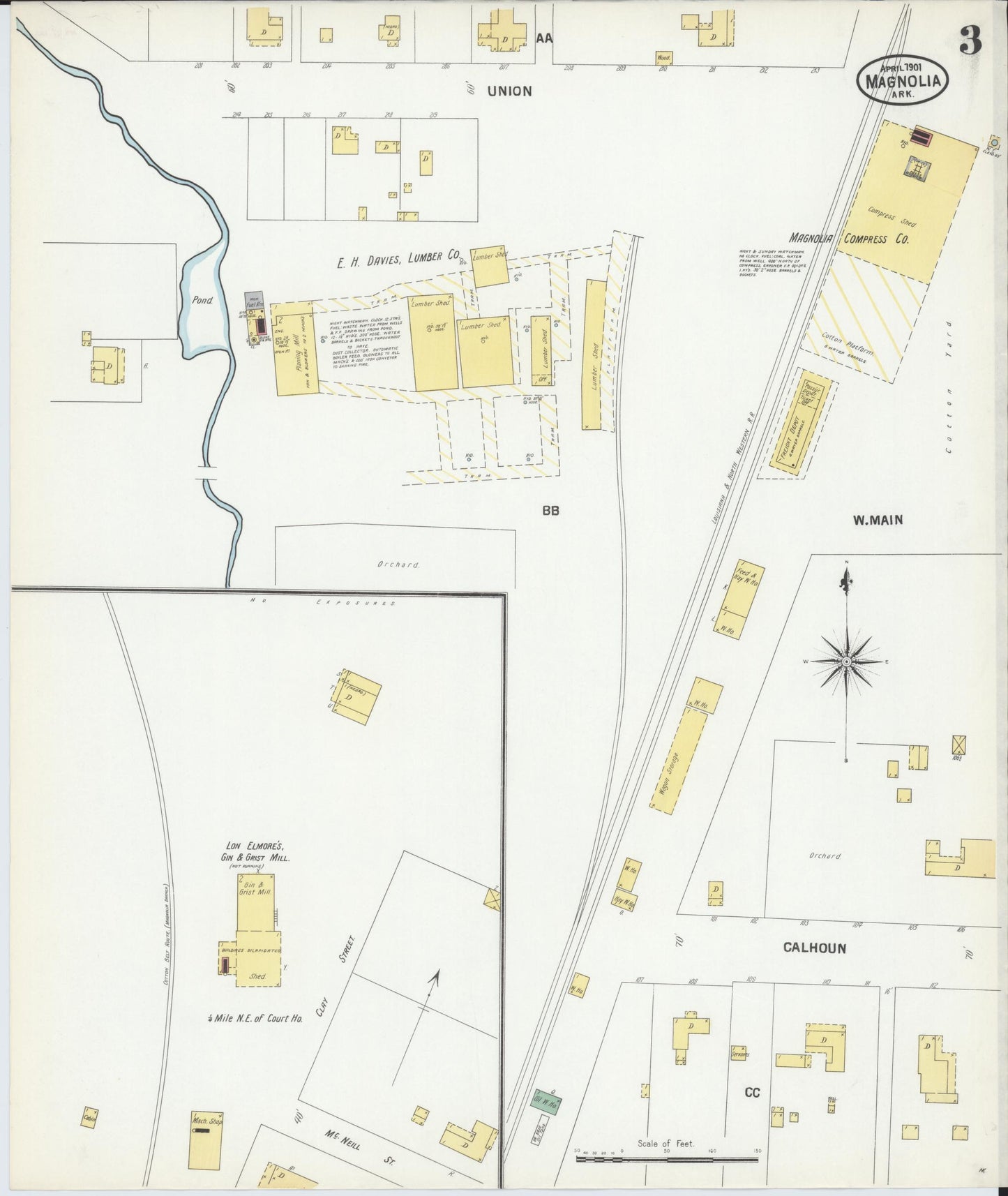 Sanborn Fire Insurance Map from Magnolia, Columbia County, Arkansas (1901), Sheet #0003 - Complete Map Set gallery image, historic Sanborn map, vintage wall art, Arkansas Arkansas