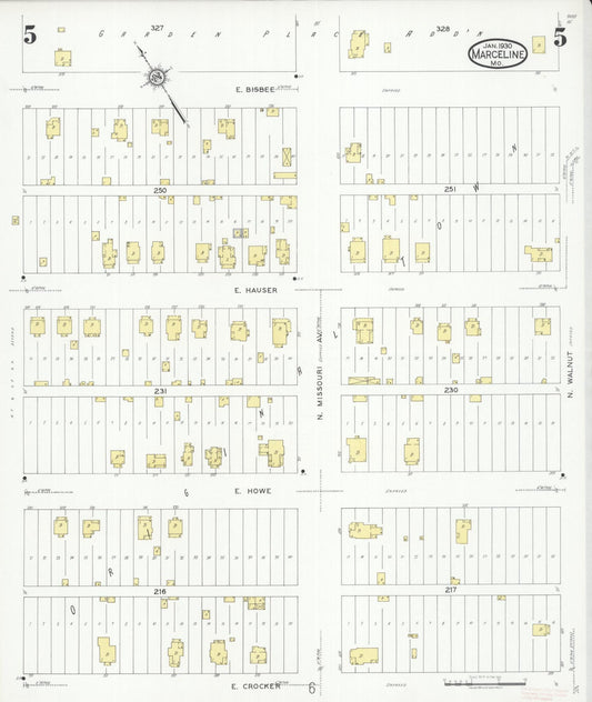 Sanborn Fire Insurance Map from Marceline, Linn County, Missouri (1930), Sheet #0005 - Historic Sanborn Fire Insurance Map Print, vintage old map wall art, antique decor, genealogy gift, Missouri Missouri map