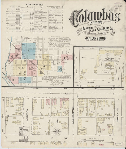 Sanborn Fire Insurance Map from Columbus, Bartholomew County, Indiana (1886), Sheet #0001 - Historic Sanborn Fire Insurance Map Print, vintage old map wall art, antique decor, genealogy gift, Indiana Indiana map