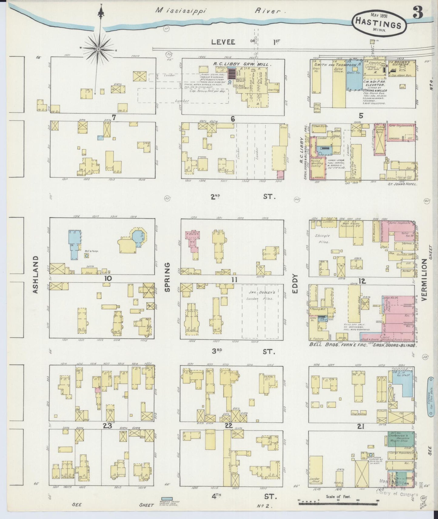 Sanborn Fire Insurance Map from Hastings, Dakota County, Minnesota (1891), Sheet #0003 - Complete Map Set gallery image, historic Sanborn map, vintage wall art, Minnesota Minnesota