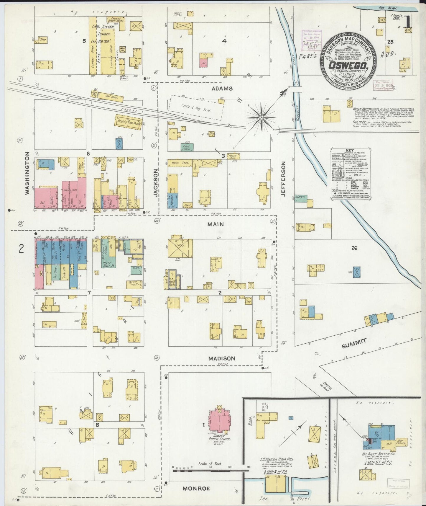 Sanborn Fire Insurance Map from Oswego, Kendall County, Illinois (1905), Sheet #0001 - Complete Map Set gallery image, historic Sanborn map, vintage wall art, Illinois Illinois