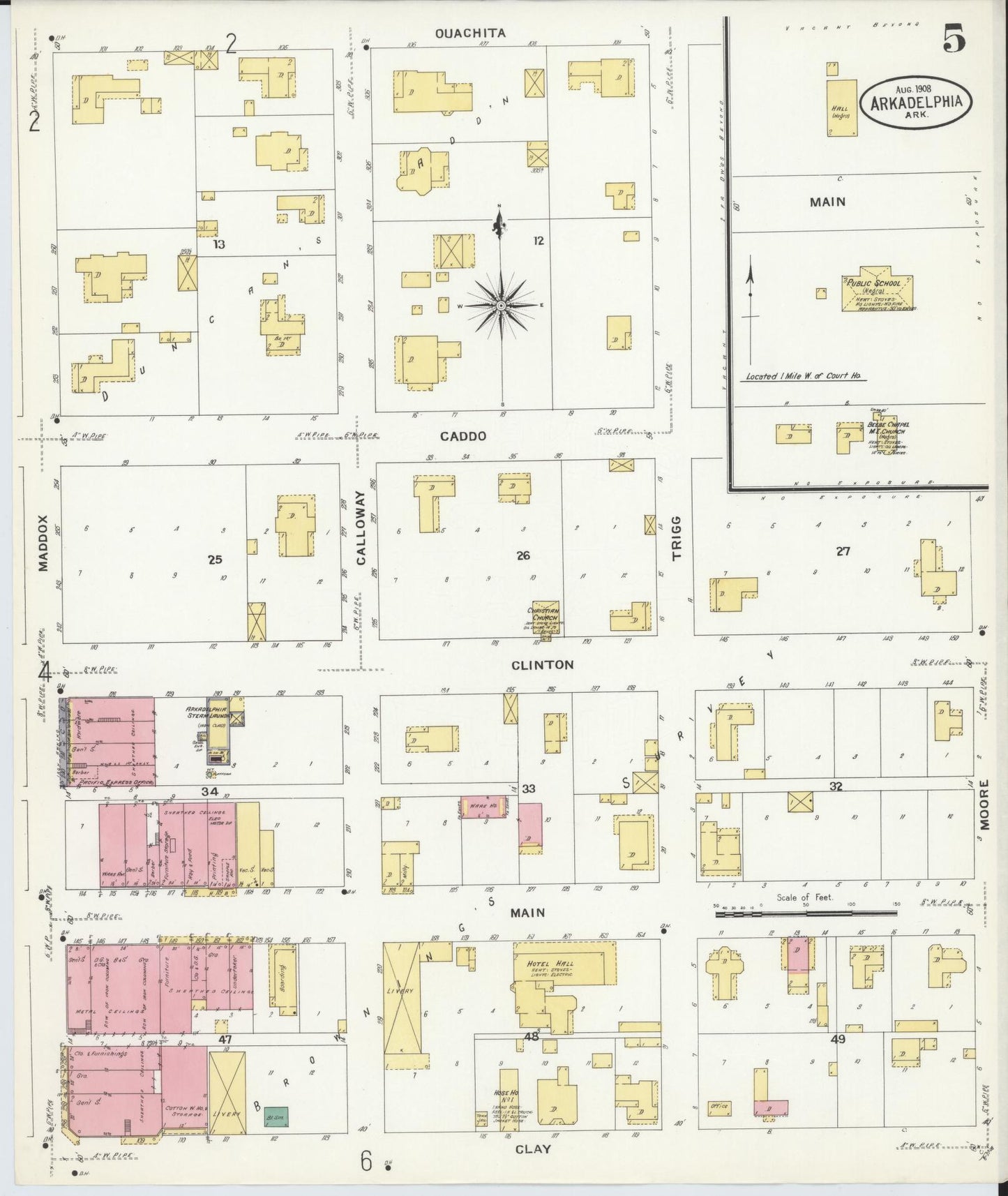 Sanborn Fire Insurance Map from Arkadelphia, Clark County, Arkansas (1908), Sheet #0005 - Historic Sanborn Fire Insurance Map Print, vintage old map wall art, antique decor, genealogy gift, Arkansas Arkansas map