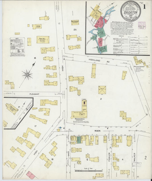 Sanborn Fire Insurance Map from Bridgton, Cumberland County, Maine (1907), Sheet #0001 - Historic Sanborn Fire Insurance Map Print, vintage old map wall art, antique decor, genealogy gift, Maine Maine map