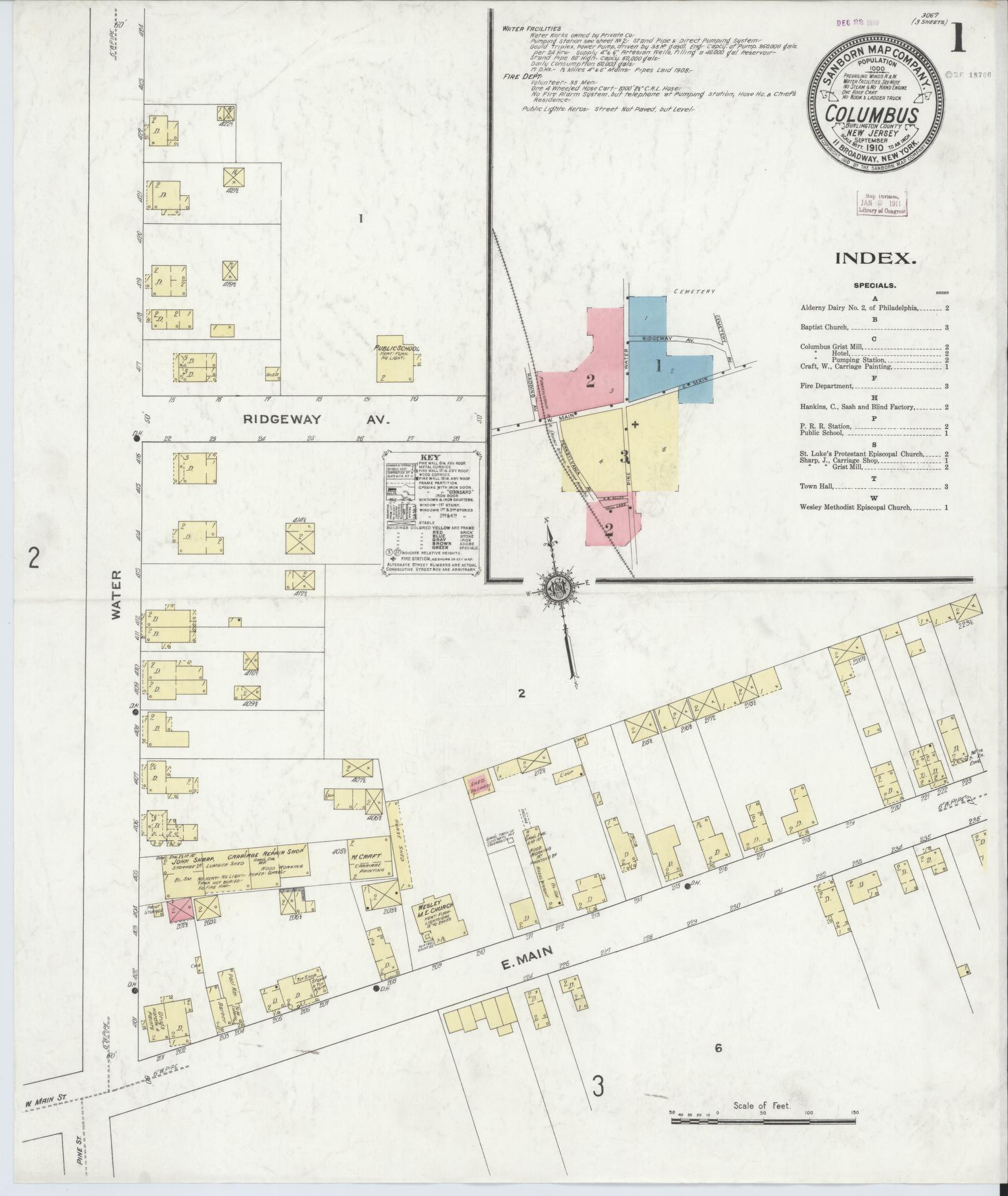 Sanborn Fire Insurance Map from Columbus, Burlington County, New Jersey (1910), Sheet #0001 - Complete Map Set gallery image, historic Sanborn map, vintage wall art, New Jersey New Jersey