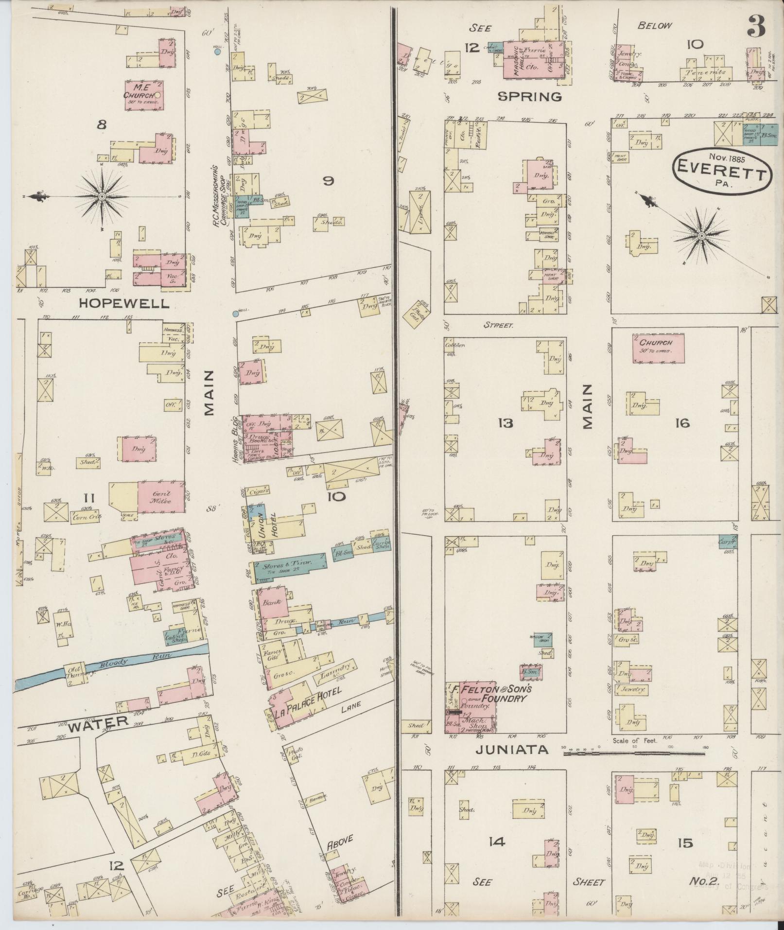 Sanborn Fire Insurance Map from Everett, Bedford County, Pennsylvania (1885), Sheet #0003 - Historic Sanborn Fire Insurance Map Print, vintage old map wall art, antique decor, genealogy gift, Pennsylvania Pennsylvania map