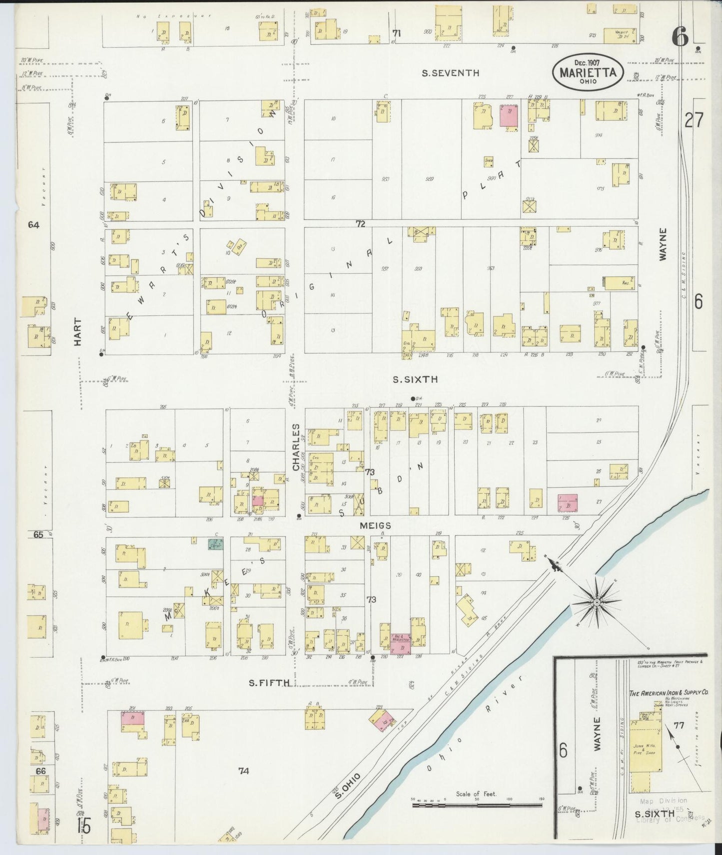 Sanborn Fire Insurance Map from Marietta, Washington County, Ohio (1907), Sheet #0006 - Historic Sanborn Fire Insurance Map Print, vintage old map wall art, antique decor, genealogy gift, Ohio Ohio map