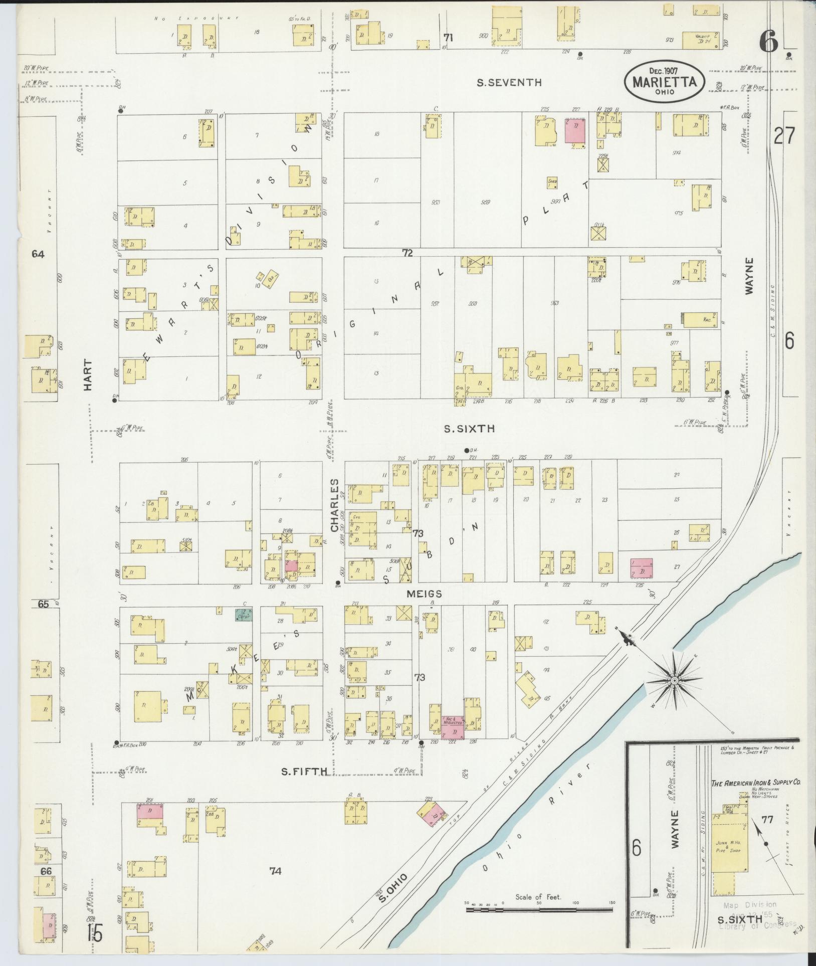 Sanborn Fire Insurance Map from Marietta, Washington County, Ohio (1907), Sheet #0006 - Historic Sanborn Fire Insurance Map Print, vintage old map wall art, antique decor, genealogy gift, Ohio Ohio map