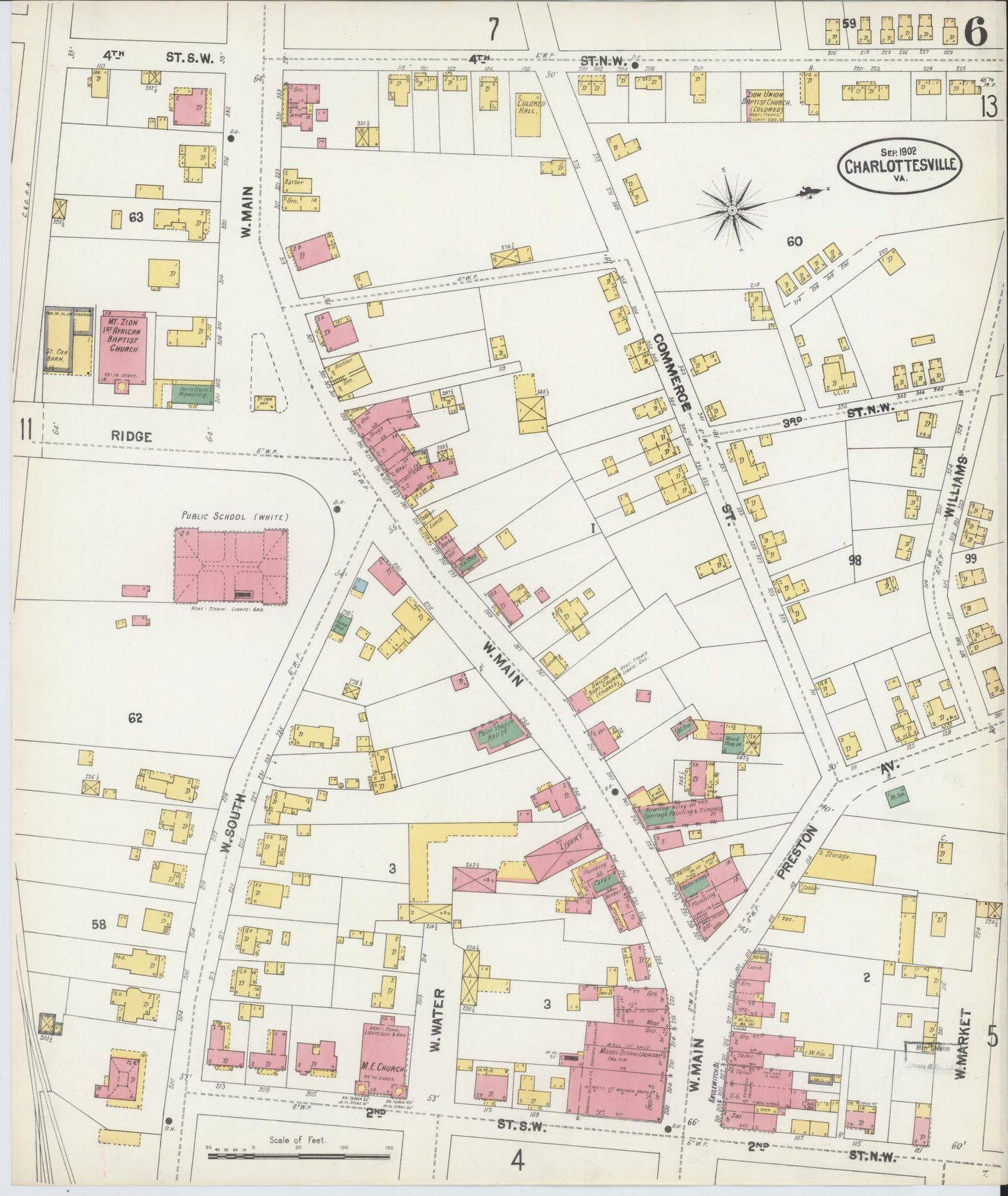 Sanborn Fire Insurance Map from Charlottesville, Independent Cities, Virginia (1902), Sheet #0006 - Historic Sanborn Fire Insurance Map Print, vintage old map wall art, antique decor, genealogy gift, Virginia Virginia map