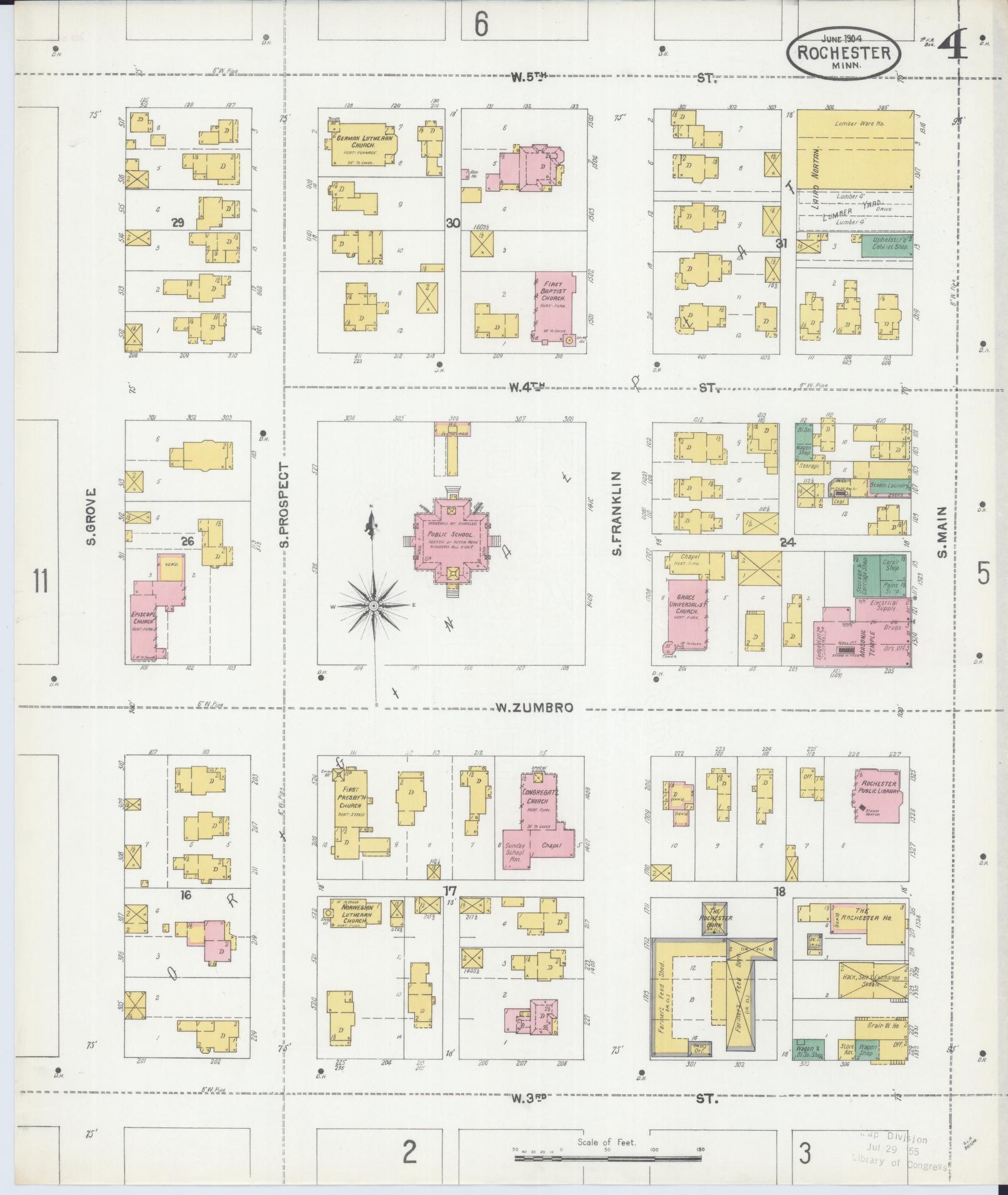 Sanborn Fire Insurance Map from Rochester, Olmsted County, Minnesota (1904), Sheet #0004 - Historic Sanborn Fire Insurance Map Print, vintage old map wall art, antique decor, genealogy gift, Minnesota Minnesota map