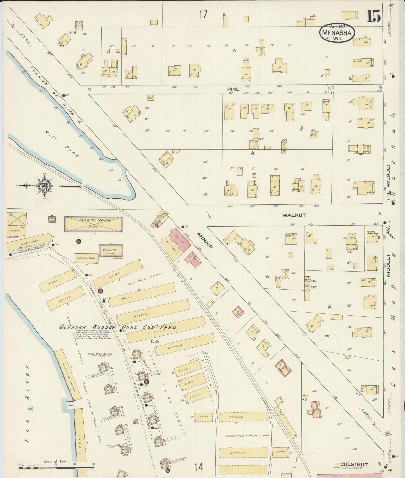 Sanborn Fire Insurance Map from Menasha, Winnebago County, Wisconsin (1913), Sheet #0015 - Historic Sanborn Fire Insurance Map Print, vintage old map wall art, antique decor, genealogy gift, Wisconsin Wisconsin map