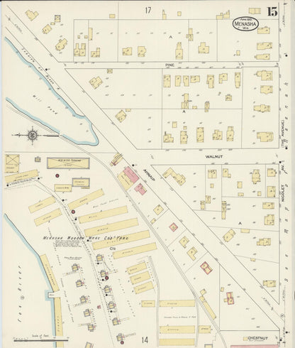 Sanborn Fire Insurance Map from Menasha, Winnebago County, Wisconsin (1913), Sheet #0015 - Historic Sanborn Fire Insurance Map Print, vintage old map wall art, antique decor, genealogy gift, Wisconsin Wisconsin map