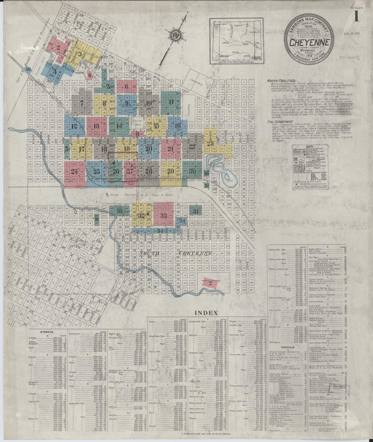 Sanborn Fire Insurance Map from Cheyenne, Laramie County, Wyoming (1912), Sheet #0001 - Complete Map Set gallery image, historic Sanborn map, vintage wall art, Wyoming Wyoming