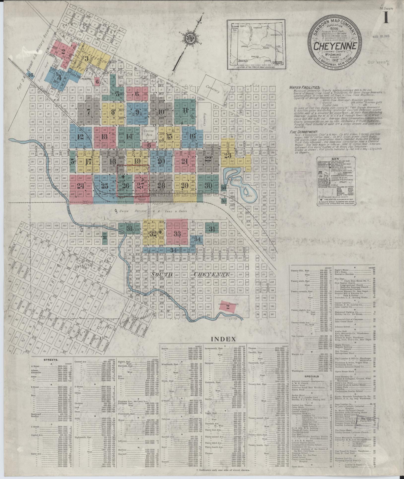Sanborn Fire Insurance Map from Cheyenne, Laramie County, Wyoming (1912), Sheet #0001 - Complete Map Set gallery image, historic Sanborn map, vintage wall art, Wyoming Wyoming