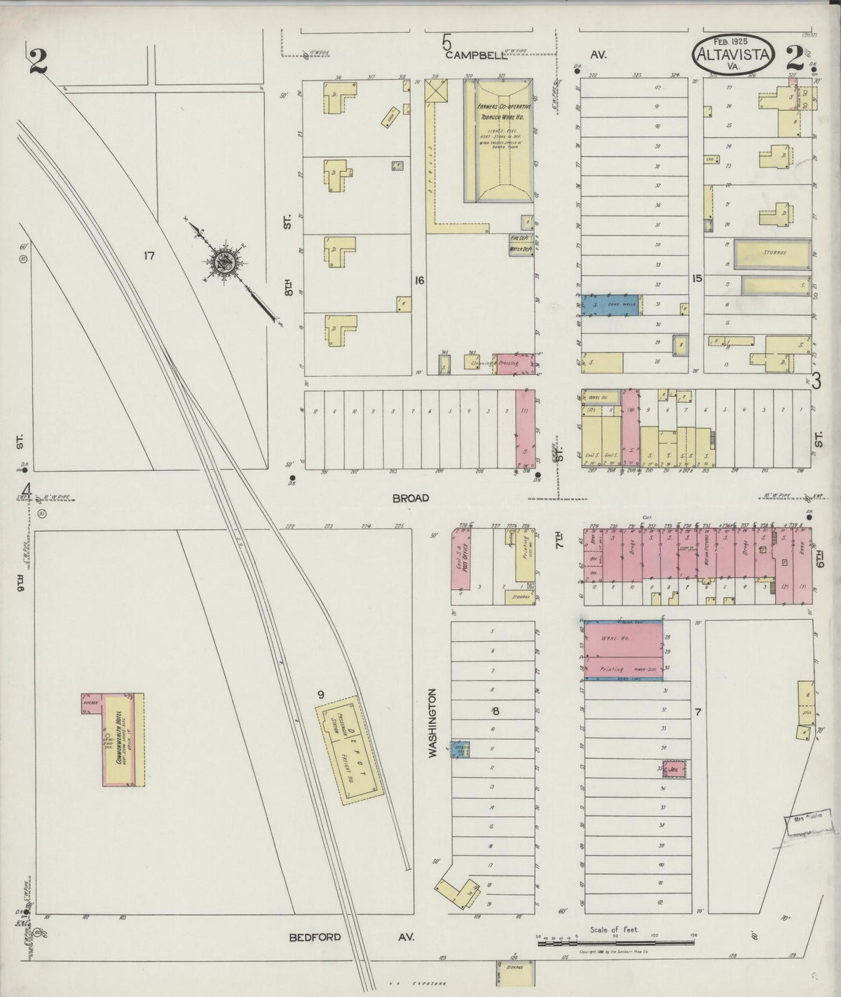 Sanborn Fire Insurance Map from Altavista, Campbell County, Virginia (1925), Sheet #0002 - Complete Map Set gallery image, historic Sanborn map, vintage wall art, Virginia Virginia