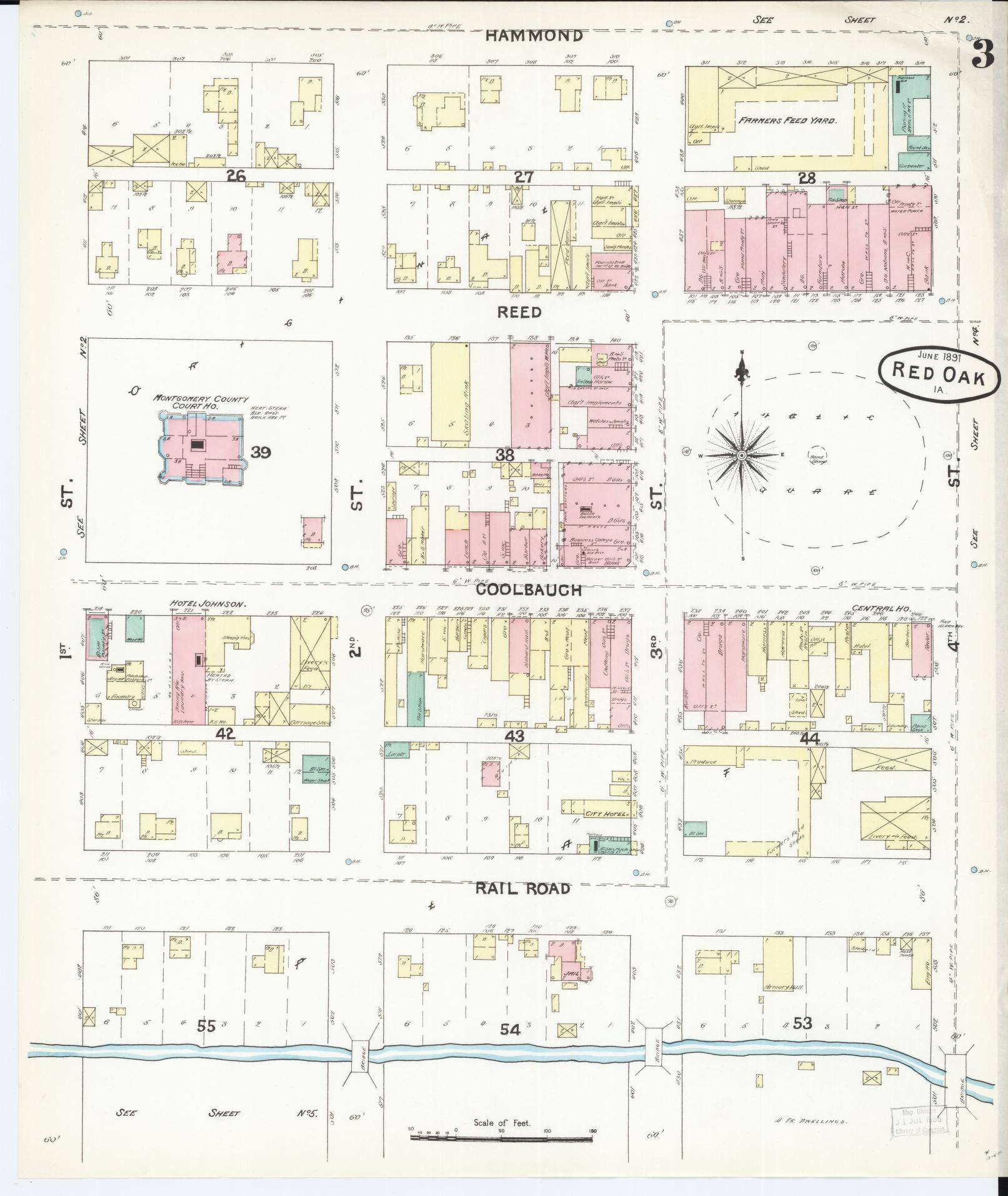 Sanborn Fire Insurance Map from Red Oak, Montgomery County, Iowa (1891), Sheet #0003 - Historic Sanborn Fire Insurance Map Print, vintage old map wall art