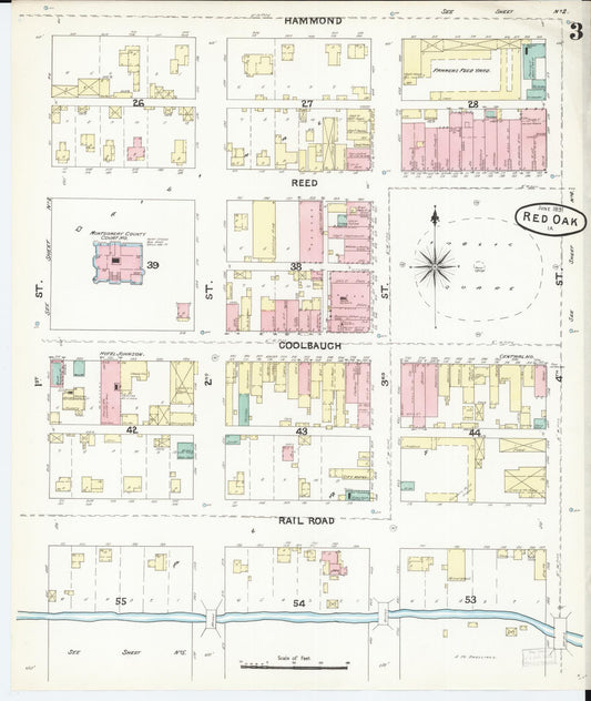 Sanborn Fire Insurance Map from Red Oak, Montgomery County, Iowa (1891), Sheet #0003 - Historic Sanborn Fire Insurance Map Print, vintage old map wall art
