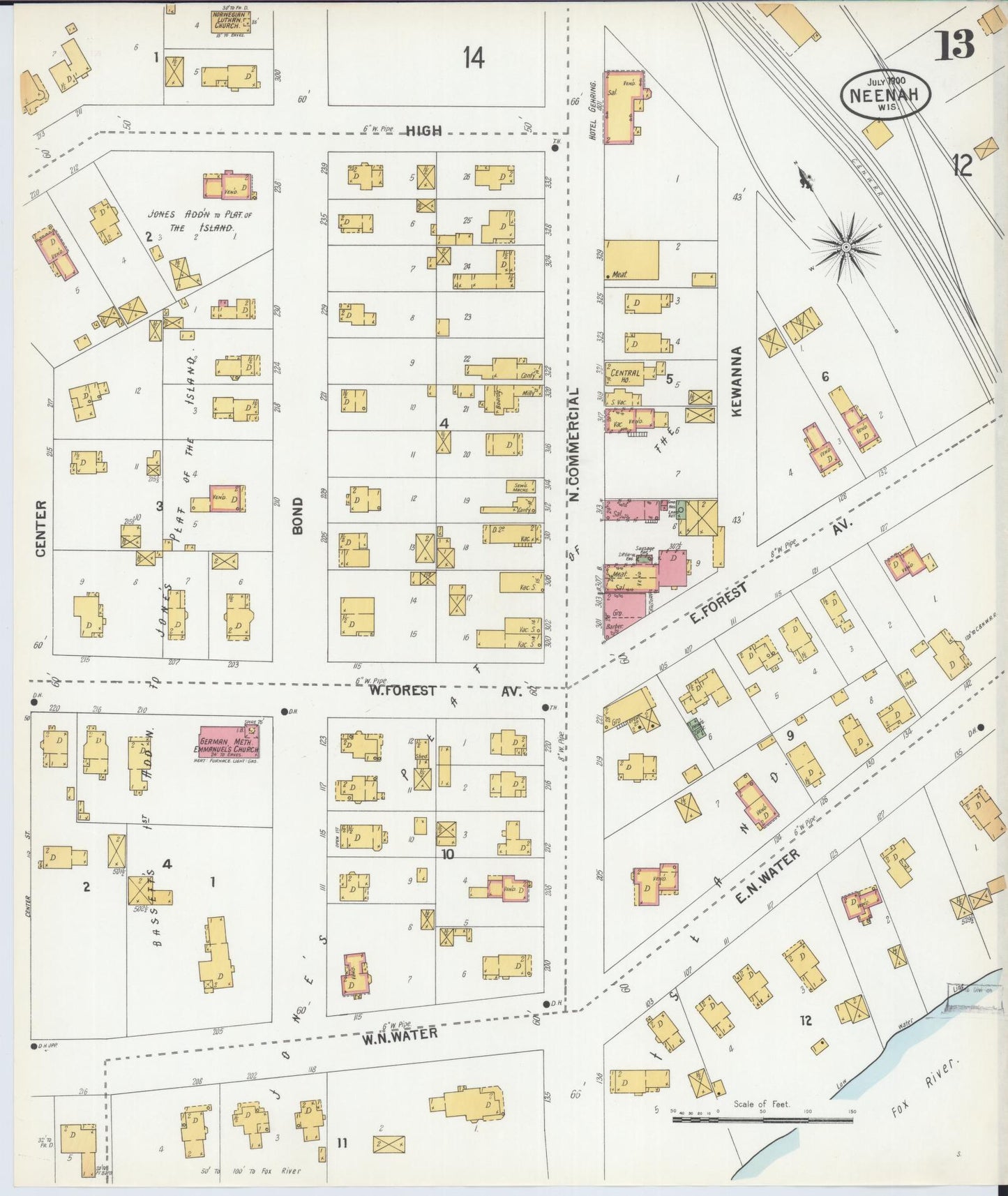 Sanborn Fire Insurance Map from Neenah, Winnebago County, Wisconsin (1900), Sheet #0013 - Complete Map Set gallery image, historic Sanborn map, vintage wall art, Wisconsin Wisconsin