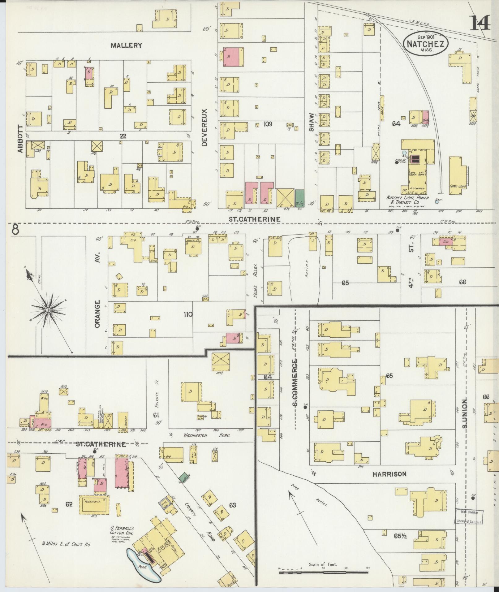 Sanborn Fire Insurance Map from Natchez, Adams County, Mississippi (1901), Sheet #0014 - Historic Sanborn Fire Insurance Map Print, vintage old map wall art, antique decor, genealogy gift, Mississippi Mississippi map