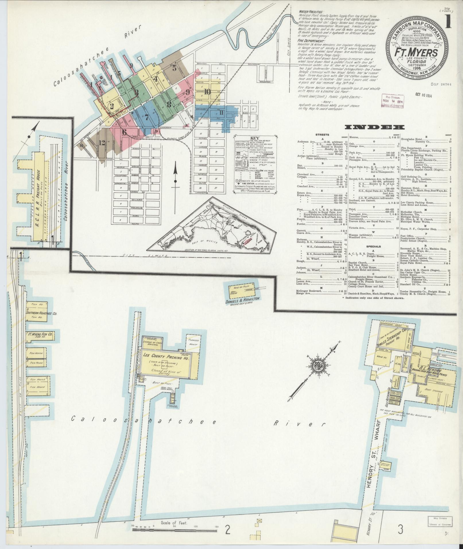 Sanborn Fire Insurance Map from Fort Myers, Lee County, Florida (1914), Sheet #0001 - Historic Sanborn Fire Insurance Map Print, vintage old map wall art, antique decor, genealogy gift, Florida Florida map