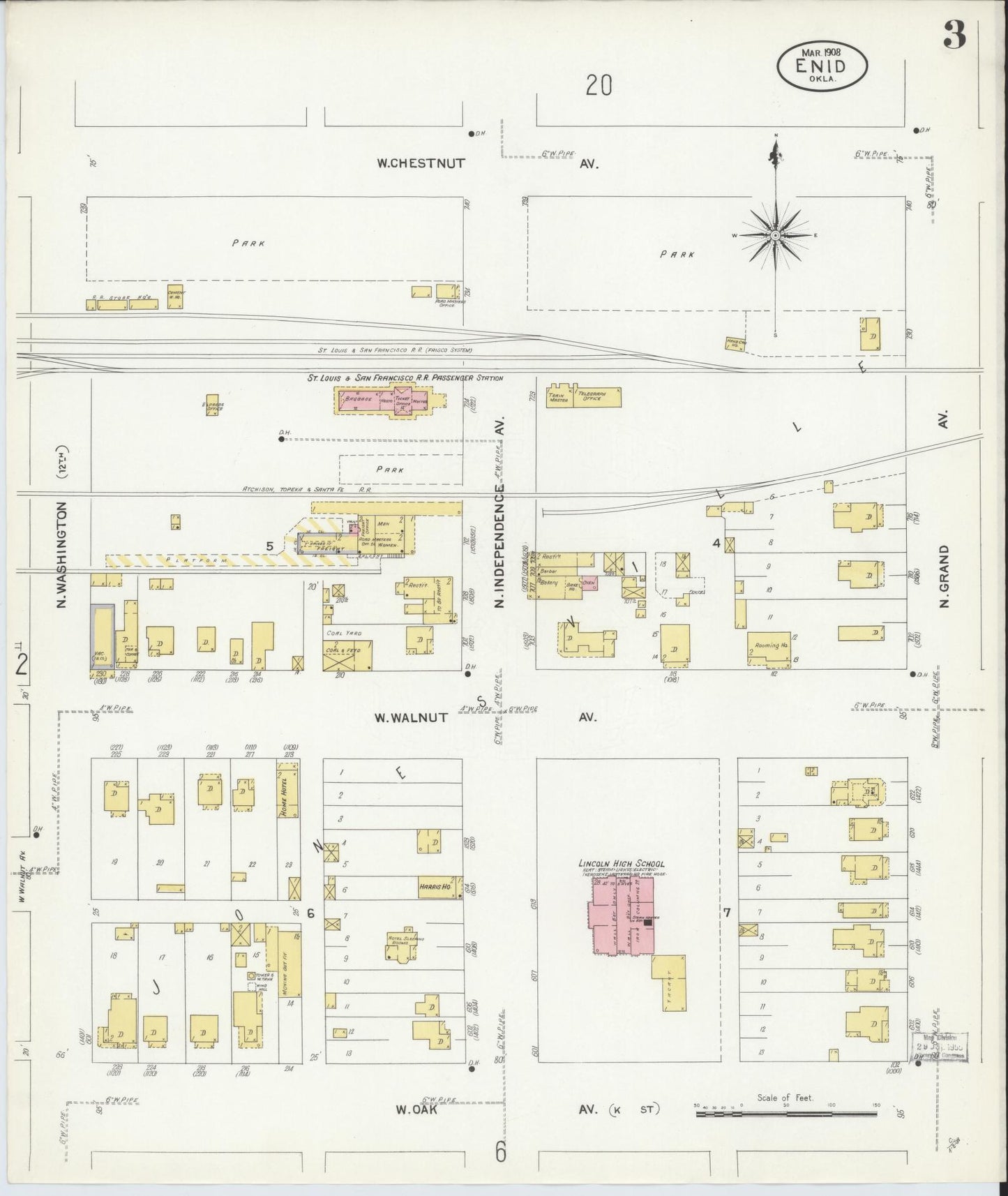 Sanborn Fire Insurance Map from Enid, Garfield County, Oklahoma (1908), Sheet #0003 - Complete Map Set gallery image, historic Sanborn map, vintage wall art, Oklahoma Oklahoma