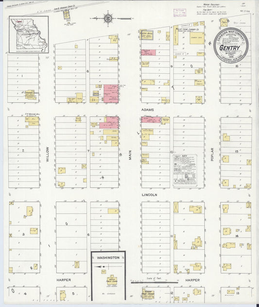 Sanborn Fire Insurance Map from Gentry, Gentry County, Missouri (1916), Sheet #0001 - Historic Sanborn Fire Insurance Map Print, vintage old map wall art, antique decor, genealogy gift, Missouri Missouri map