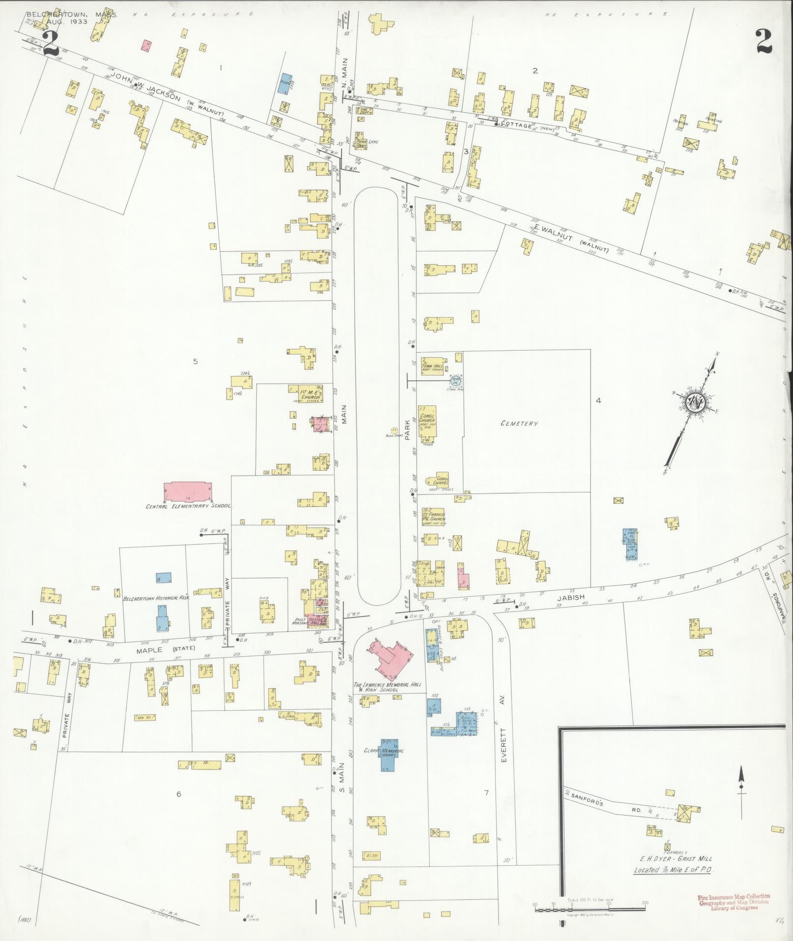 Sanborn Fire Insurance Map from Belchertown, Hampshire County, Massachusetts (1933), Sheet #0002 - Complete Map Set gallery image, historic Sanborn map, vintage wall art, Massachusetts Massachusetts