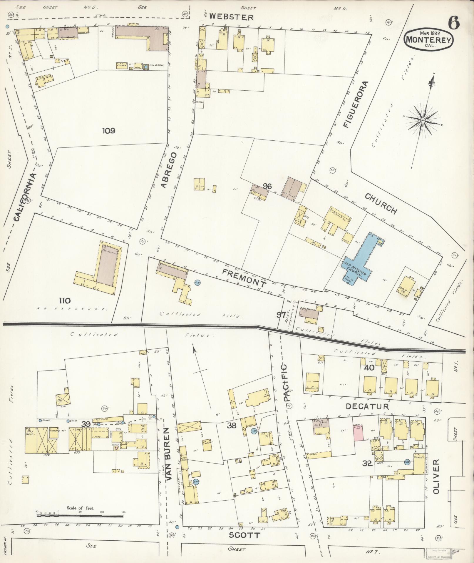 Sanborn Fire Insurance Map from Monterey, Monterey County, California (1892), Sheet #0006 - Complete Map Set gallery image, historic Sanborn map, vintage wall art, California California