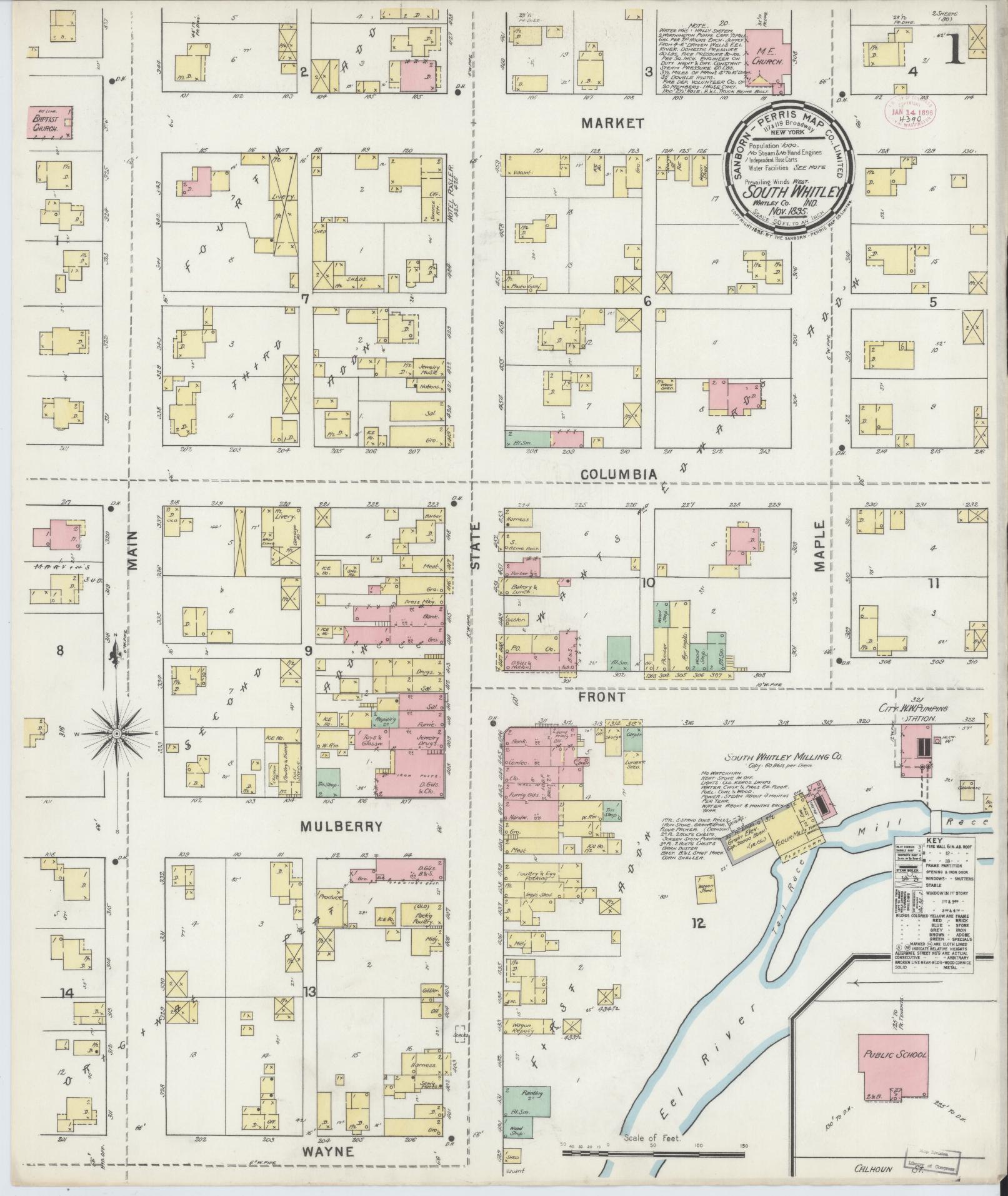Sanborn Fire Insurance Map from South Whitley, Whitley County, Indiana (1895), Sheet #0001 - Complete Map Set gallery image, historic Sanborn map, vintage wall art, Indiana Indiana