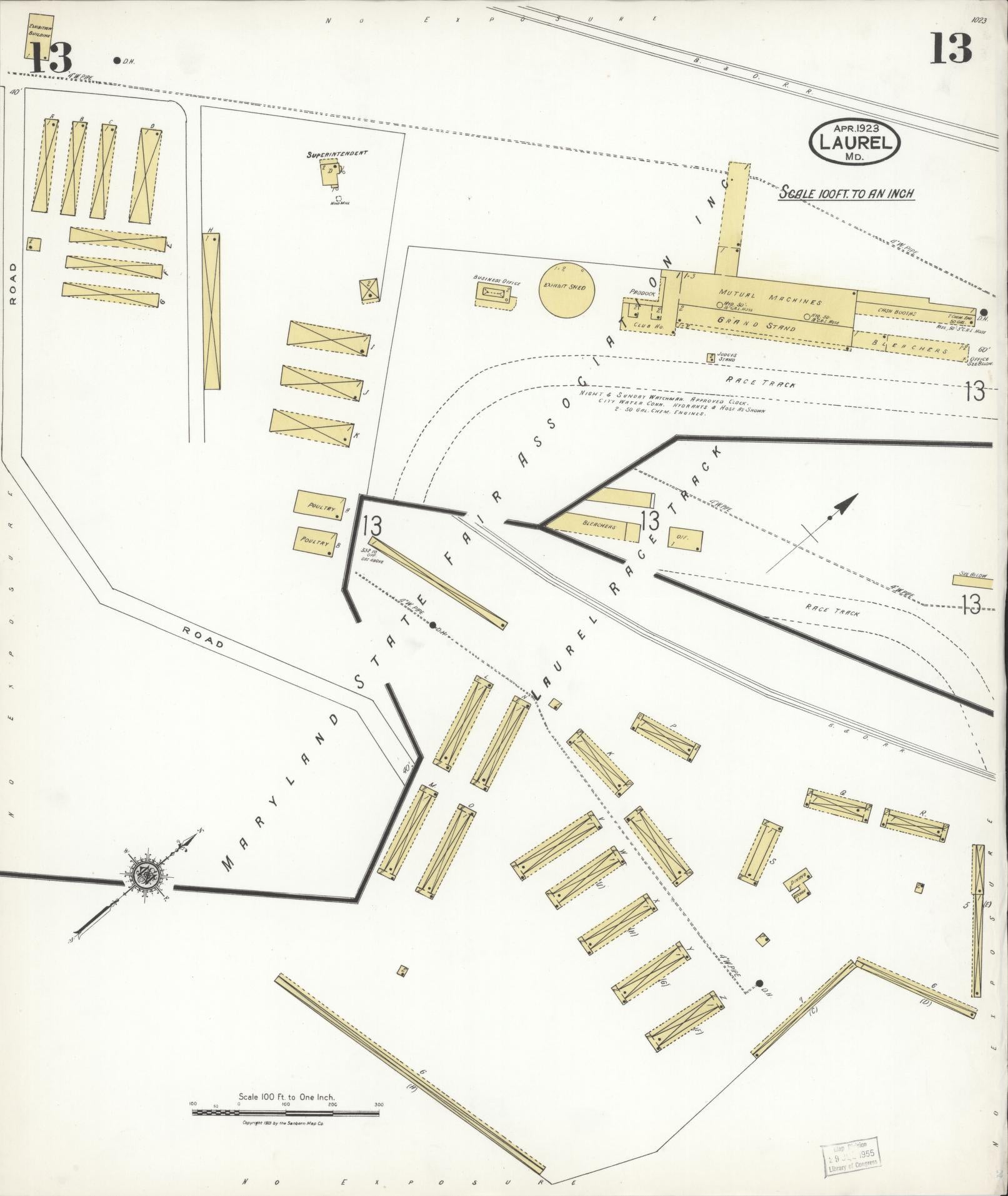 Sanborn Fire Insurance Map from Laurel, Prince Georges County, Maryland (1923), Sheet #0013 - Historic Sanborn Fire Insurance Map Print, vintage old map wall art