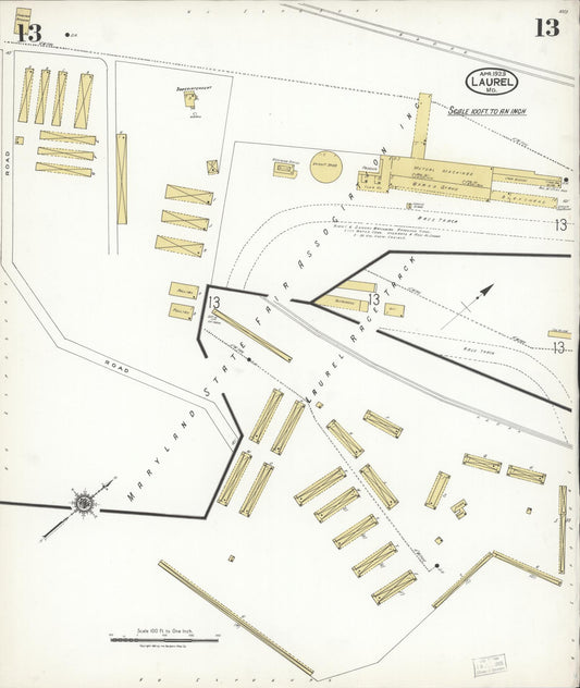 Sanborn Fire Insurance Map from Laurel, Prince Georges County, Maryland (1923), Sheet #0013 - Historic Sanborn Fire Insurance Map Print, vintage old map wall art