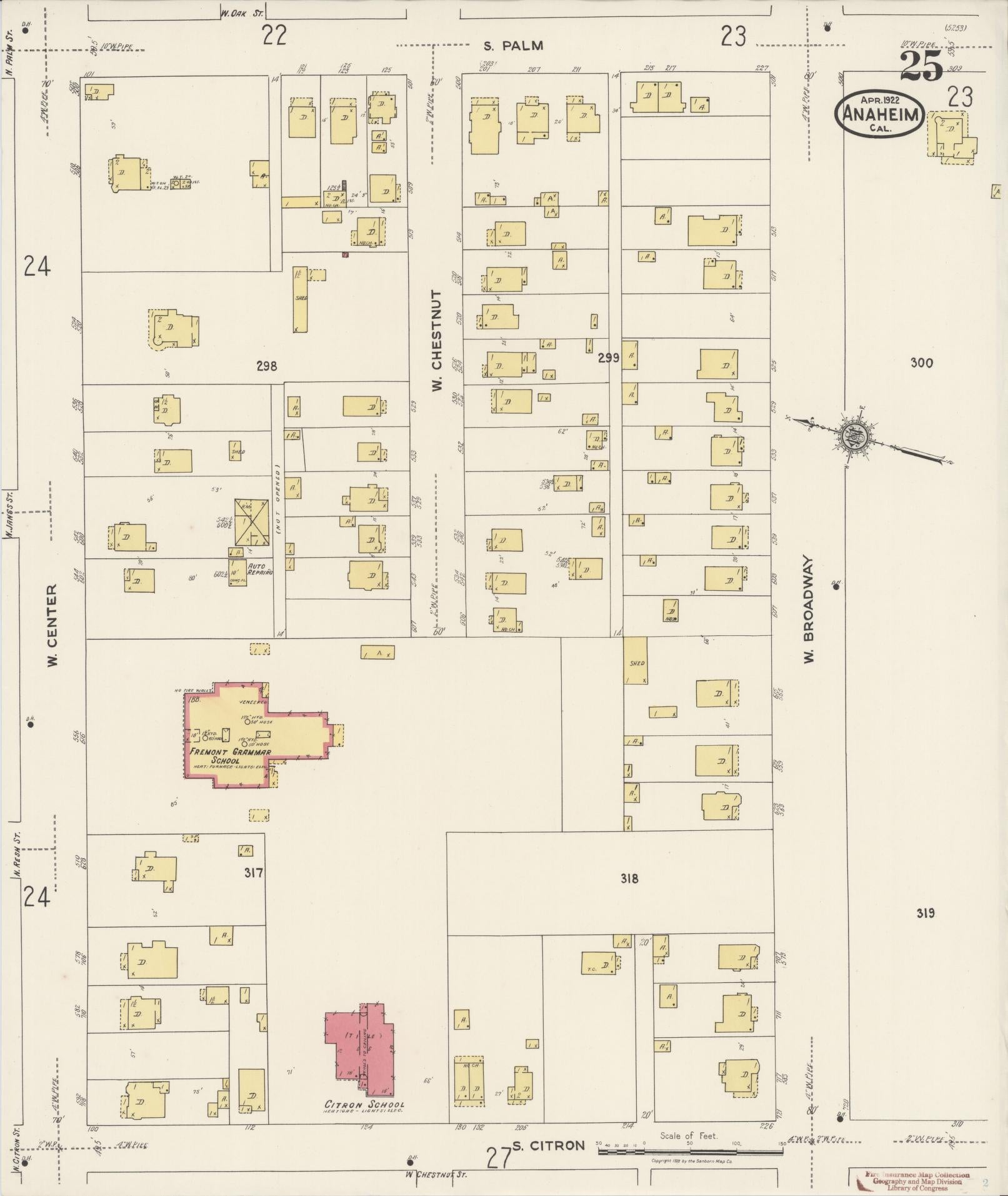 Sanborn Fire Insurance Map from Anaheim, Orange County, California (1922), Sheet #0025 - Historic Sanborn Fire Insurance Map Print, vintage old map wall art, antique decor, genealogy gift, California California map