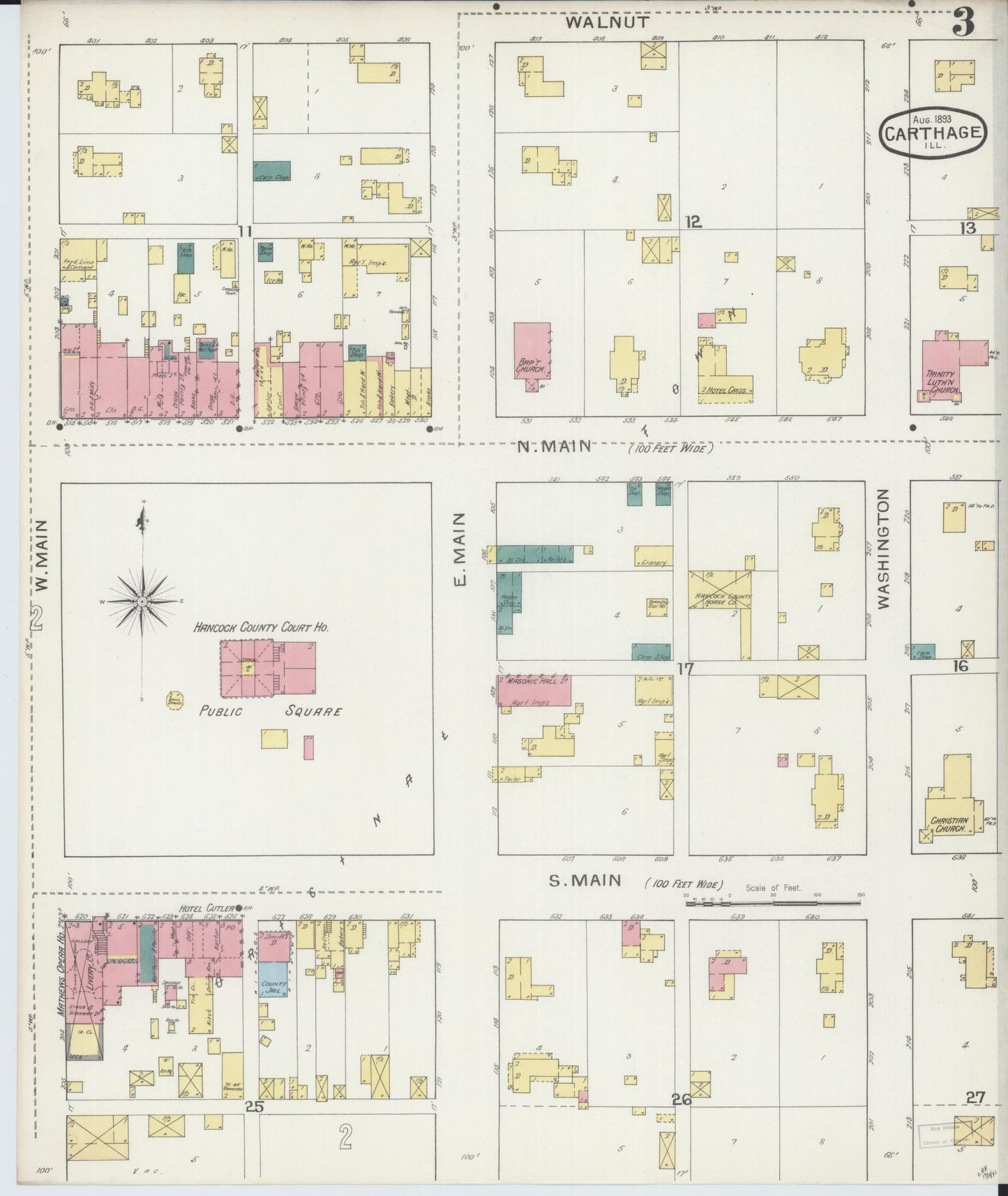 Sanborn Fire Insurance Map from Carthage, Hancock County, Illinois (1893), Sheet #0003 - Historic Sanborn Fire Insurance Map Print, vintage old map wall art, antique decor, genealogy gift, Illinois Illinois map
