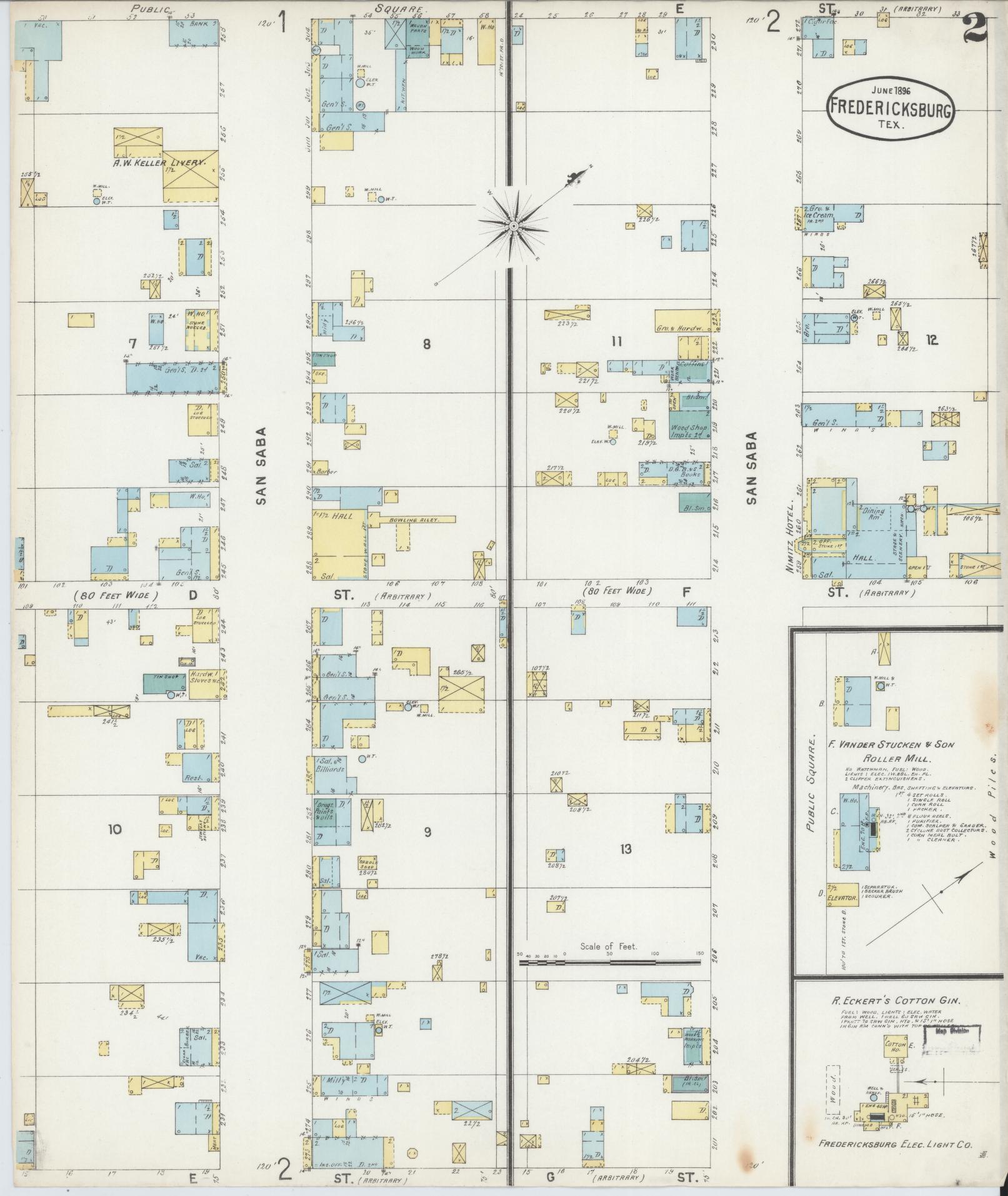 Sanborn Fire Insurance Map from Fredericksburg, Gillespie County, Texas (1896), Sheet #0002 - Complete Map Set gallery image, historic Sanborn map, vintage wall art, Texas Texas
