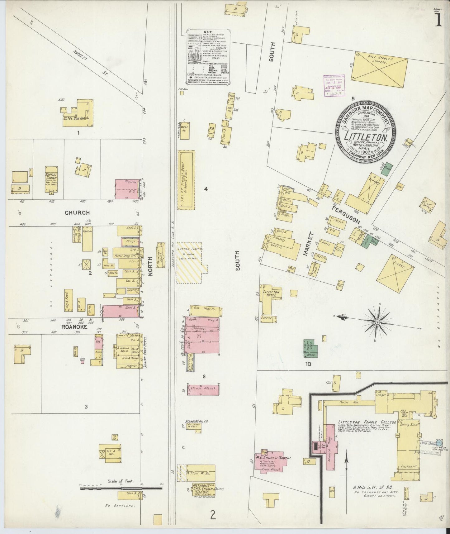 Sanborn Fire Insurance Map from Littleton, Halifax And Warren County, North Carolina (1907), Sheet #0001 - Complete Map Set gallery image, historic Sanborn map, vintage wall art, North Carolina North Carolina
