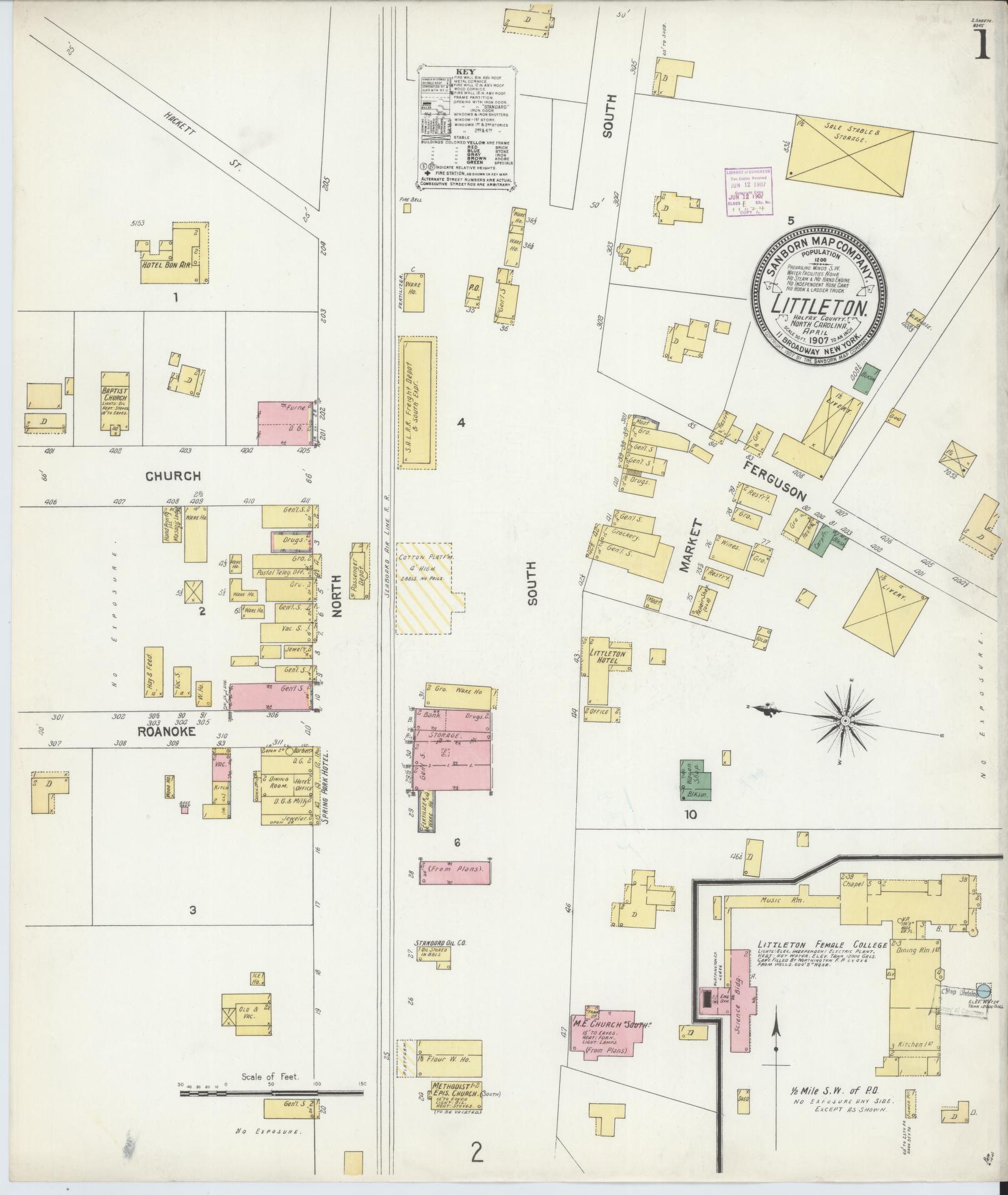 Sanborn Fire Insurance Map from Littleton, Halifax And Warren County, North Carolina (1907), Sheet #0001 - Complete Map Set gallery image, historic Sanborn map, vintage wall art, North Carolina North Carolina