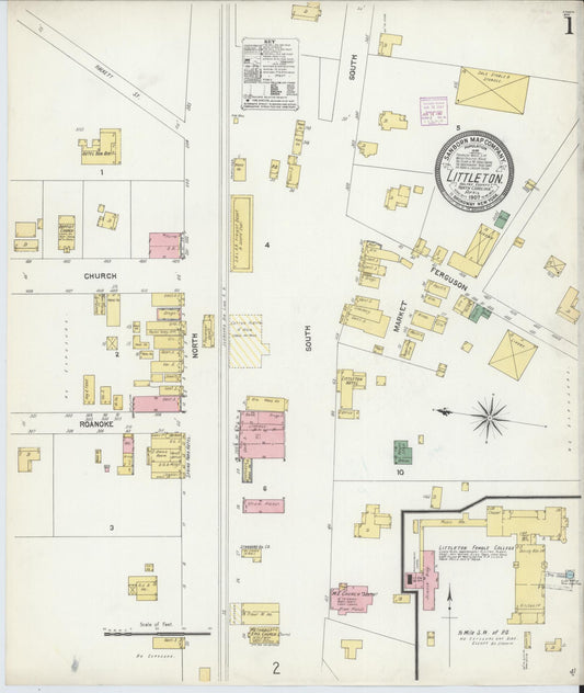 Sanborn Fire Insurance Map from Littleton, Halifax And Warren County, North Carolina (1907), Sheet #0001 - Complete Map Set gallery image, historic Sanborn map, vintage wall art, North Carolina North Carolina