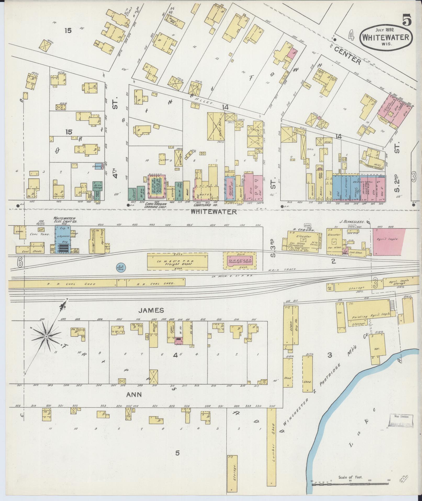 Sanborn Fire Insurance Map from Whitewater, Walworth County, Wisconsin (1892), Sheet #0005 - Historic Sanborn Fire Insurance Map Print, vintage old map wall art, antique decor, genealogy gift, Wisconsin Wisconsin map