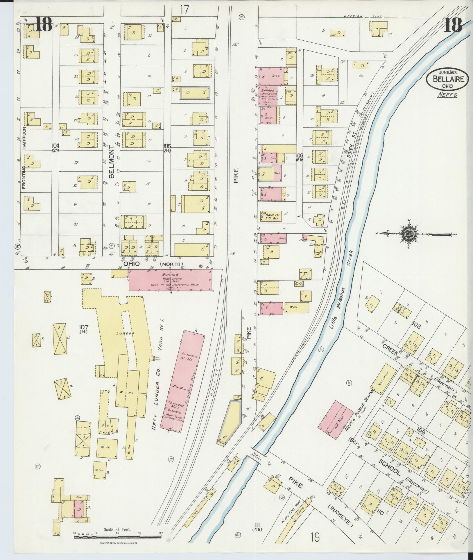 Sanborn Fire Insurance Map from Bellaire, Belmont County, Ohio (1924), Sheet #0018 - Historic Sanborn Fire Insurance Map Print, vintage old map wall art, antique decor, genealogy gift, Ohio Ohio map