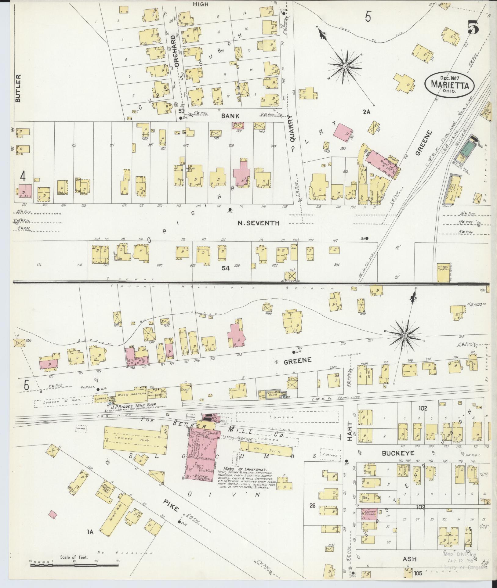 Sanborn Fire Insurance Map from Marietta, Washington County, Ohio (1907), Sheet #0005 - Historic Sanborn Fire Insurance Map Print, vintage old map wall art, antique decor, genealogy gift, Ohio Ohio map
