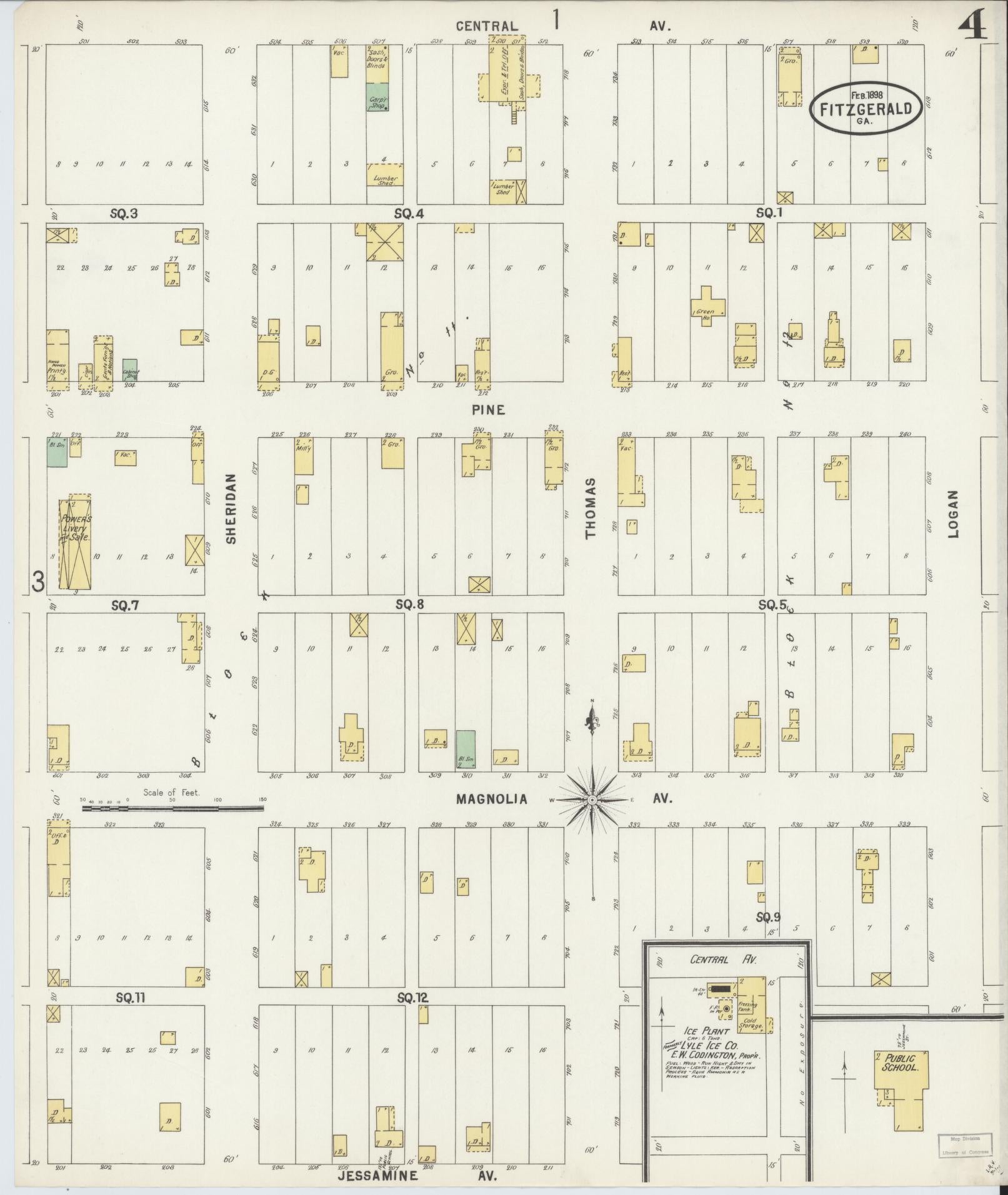 Sanborn Fire Insurance Map from Fitzgerald, Ben Hill County, Georgia (1898), Sheet #0004 - Historic Sanborn Fire Insurance Map Print, vintage old map wall art, antique decor, genealogy gift, Georgia Georgia map