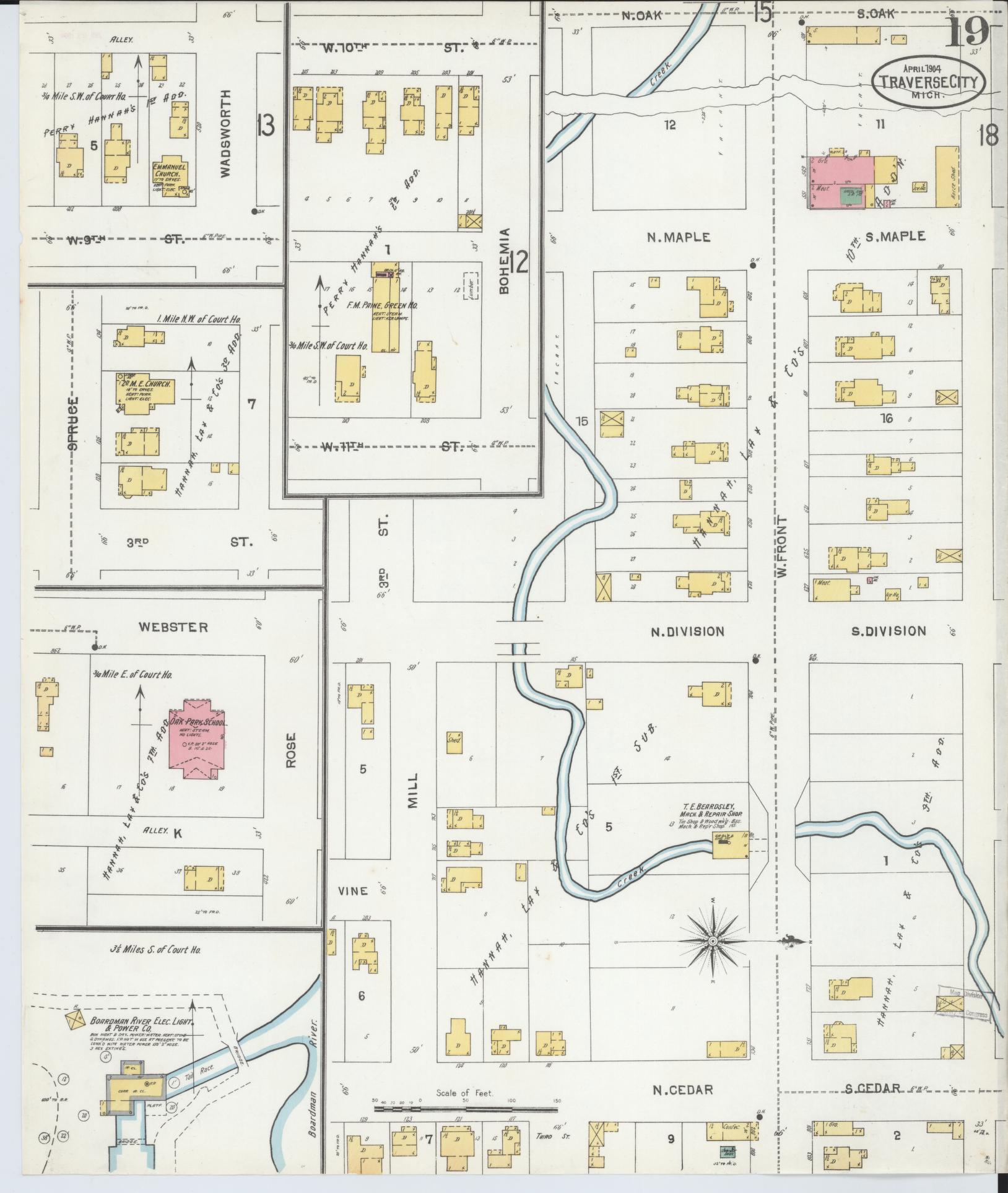 Sanborn Fire Insurance Map from Traverse City, Grand Traverse County, Michigan (1904), Sheet #0019 - Historic Sanborn Fire Insurance Map Print, vintage old map wall art, antique decor, genealogy gift, Michigan Michigan map