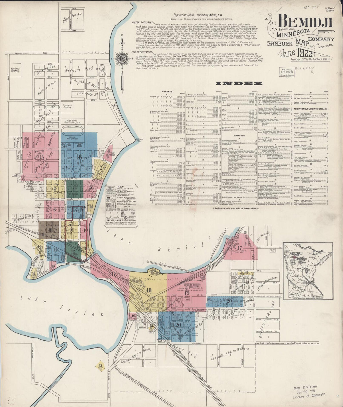 Sanborn Fire Insurance Map from Bemidji, Beltrami County, Minnesota (1922), Sheet #0001 - Historic Sanborn Fire Insurance Map Print, vintage old map wall art, antique decor, genealogy gift, Minnesota Minnesota map