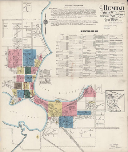 Sanborn Fire Insurance Map from Bemidji, Beltrami County, Minnesota (1922), Sheet #0001 - Historic Sanborn Fire Insurance Map Print, vintage old map wall art, antique decor, genealogy gift, Minnesota Minnesota map