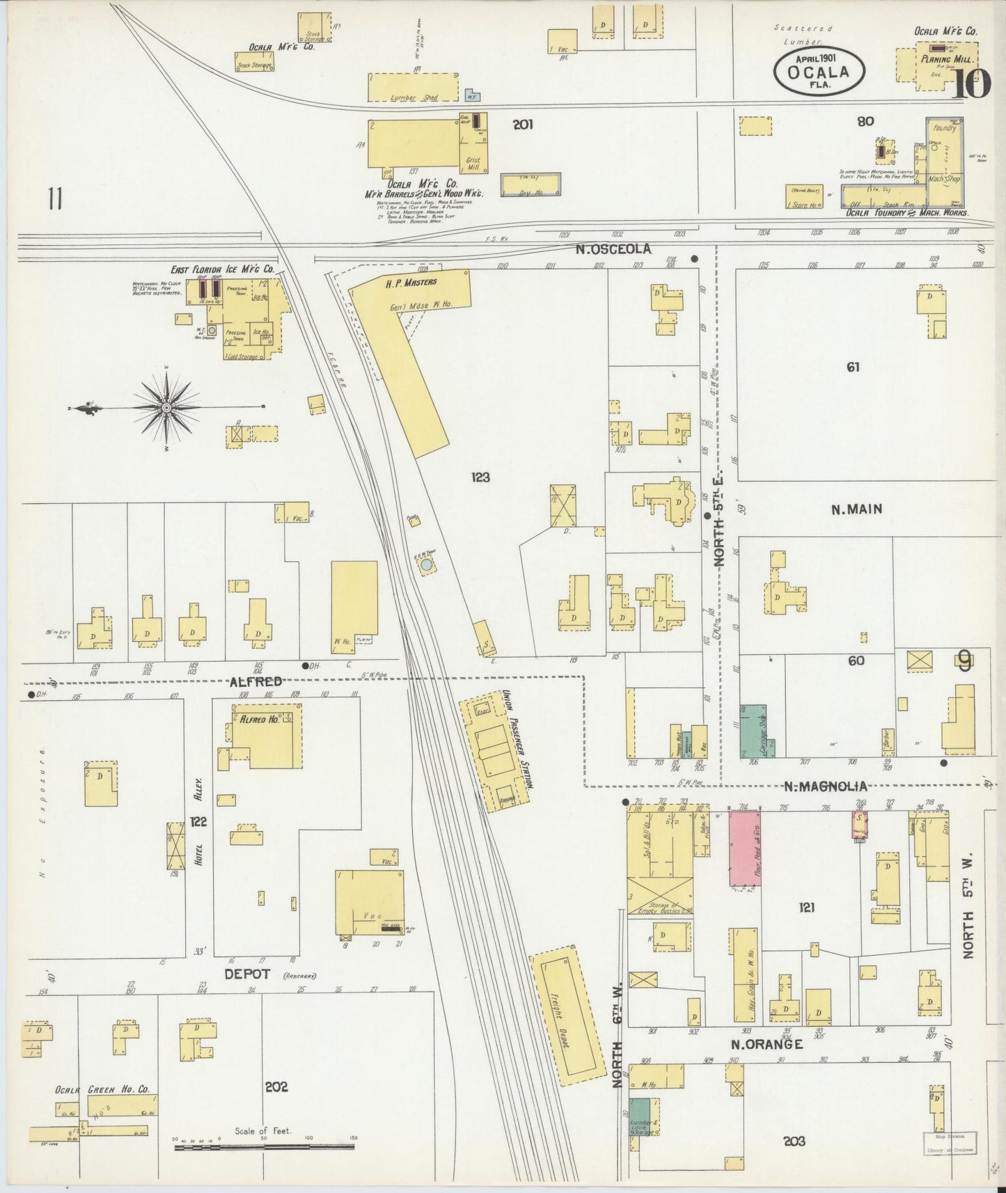Sanborn Fire Insurance Map from Ocala, Marion County, Florida (1901), Sheet #0010 - Complete Map Set gallery image, historic Sanborn map, vintage wall art, Florida Florida