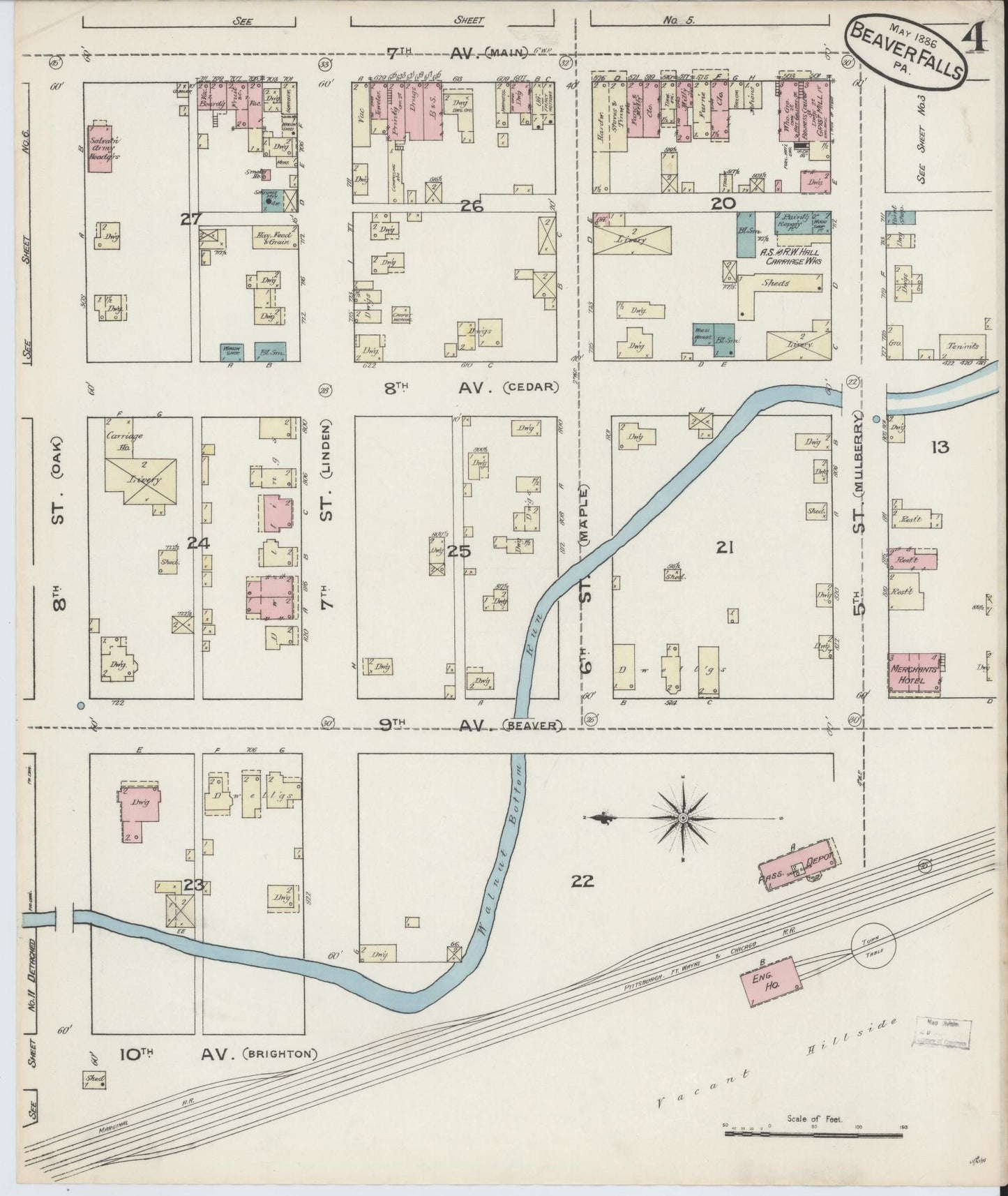 Sanborn Fire Insurance Map from Beaver Falls, Beaver County, Pennsylvania (1886), Sheet #0004 - Historic Sanborn Fire Insurance Map Print, vintage old map wall art, antique decor, genealogy gift, Pennsylvania Pennsylvania map