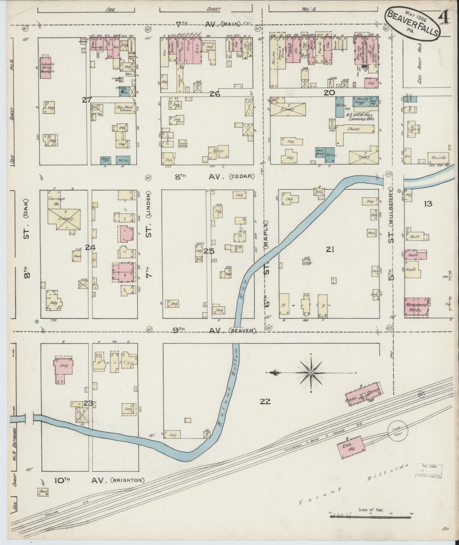 Sanborn Fire Insurance Map from Beaver Falls, Beaver County, Pennsylvania (1886), Sheet #0004 - Historic Sanborn Fire Insurance Map Print, vintage old map wall art, antique decor, genealogy gift, Pennsylvania Pennsylvania map