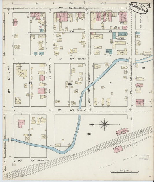 Sanborn Fire Insurance Map from Beaver Falls, Beaver County, Pennsylvania (1886), Sheet #0004 - Historic Sanborn Fire Insurance Map Print, vintage old map wall art, antique decor, genealogy gift, Pennsylvania Pennsylvania map
