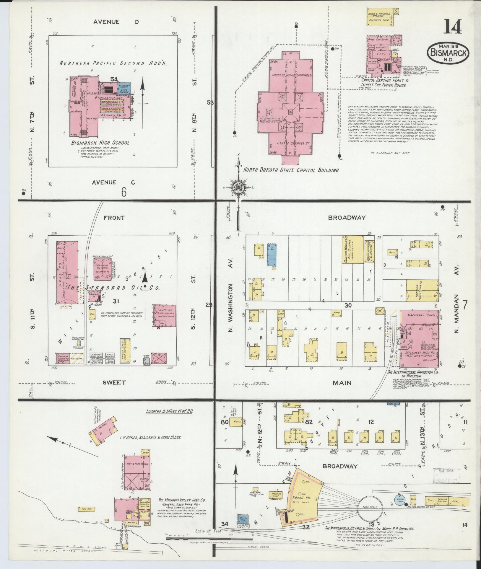 Sanborn Fire Insurance Map from Bismarck, Burleigh County, North Dakota (1919), Sheet #0014 - Historic Sanborn Fire Insurance Map Print, vintage old map wall art, antique decor, genealogy gift, North Dakota North Dakota map
