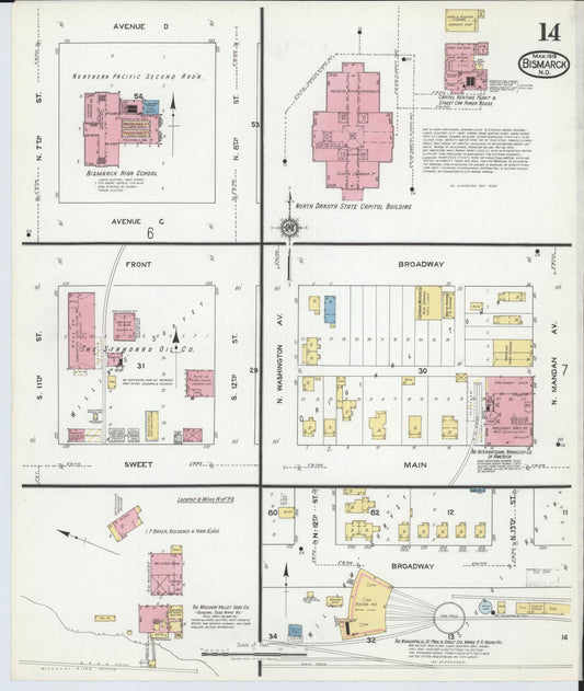 Sanborn Fire Insurance Map from Bismarck, Burleigh County, North Dakota (1919), Sheet #0014 - Historic Sanborn Fire Insurance Map Print, vintage old map wall art, antique decor, genealogy gift, North Dakota North Dakota map
