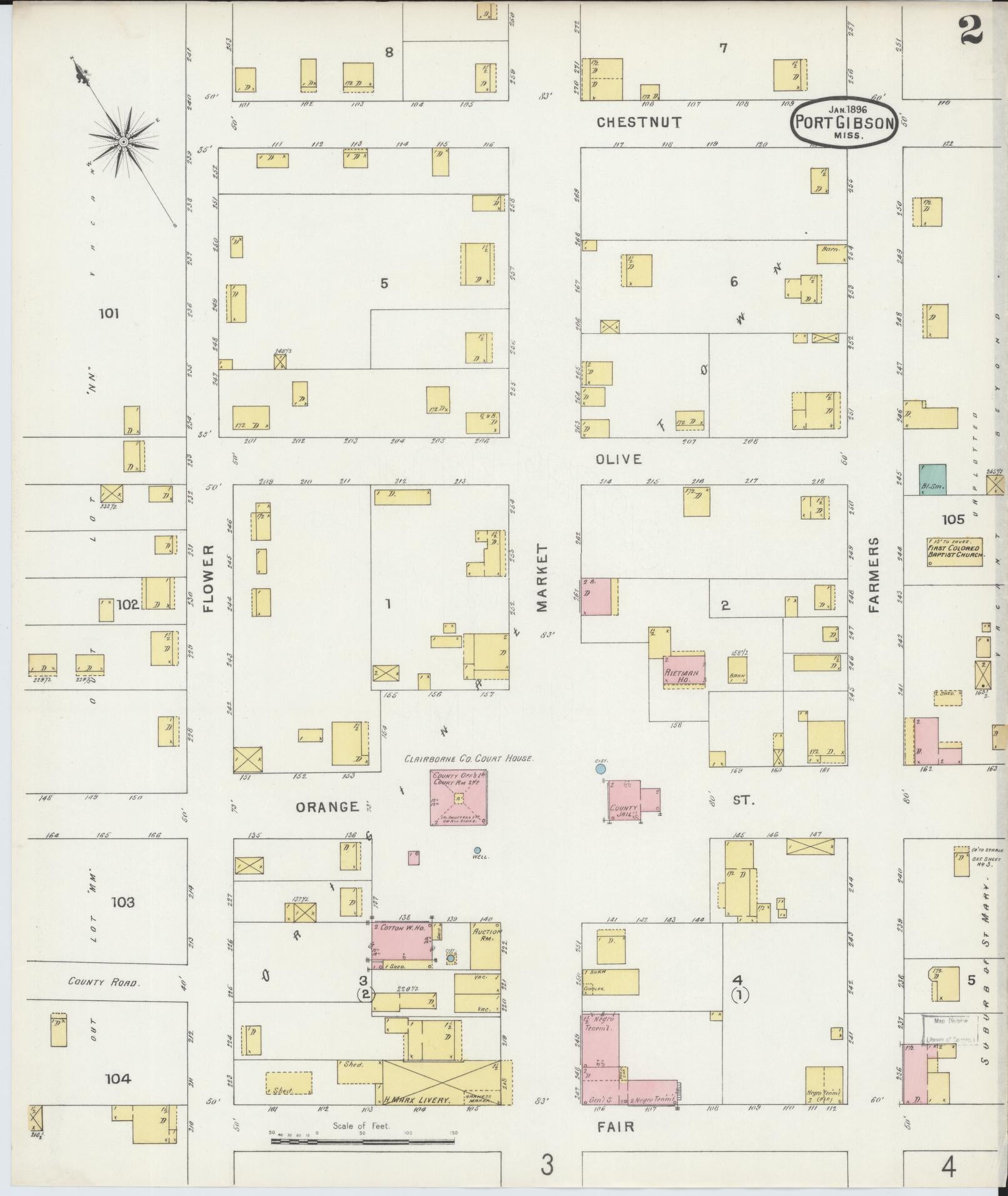 Sanborn Fire Insurance Map from Port Gibson, Claiborne County, Mississippi (1896), Sheet #0002 - Historic Sanborn Fire Insurance Map Print, vintage old map wall art, antique decor, genealogy gift, Mississippi Mississippi map
